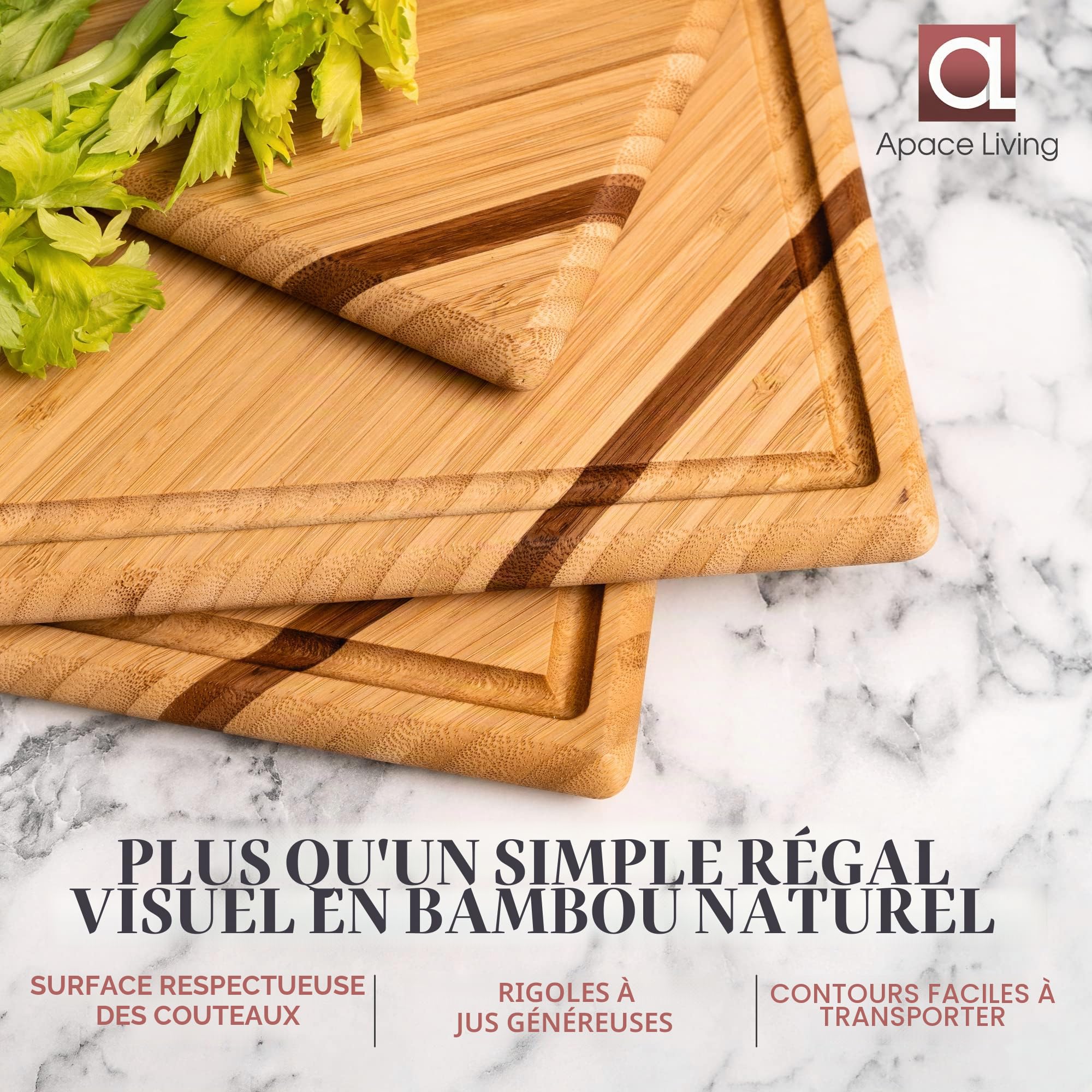 Chorus Wood Chopping Board in Bamboo with Juice Groove (Pack of 3) - Professional Luxury Organic Wood Chopping Boards for Kitchen (Premium Chic Bamboo)