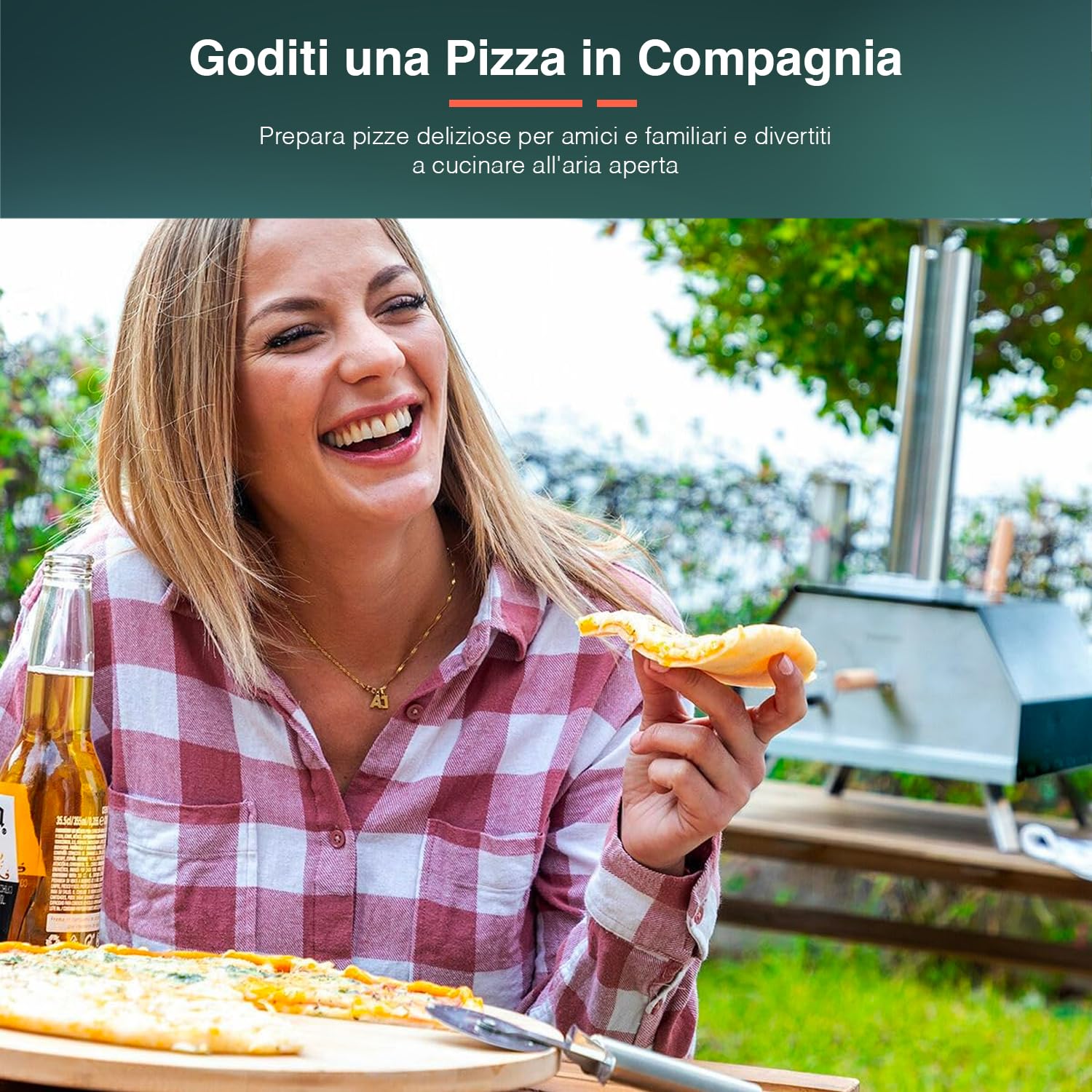 Avilia Forno a Pellet per Pizza - Forno per Esterni con Canna Fumaria, Termometro, Pietra Ceramica, Pala e Gambe Pieghevoli, Ideale per Giardini e Terrazze, in Pietra e Acciaio, 42x81x80cm