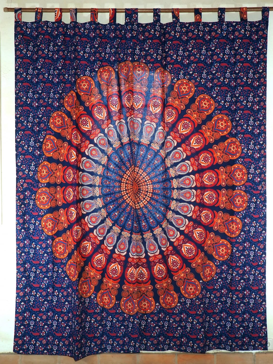 GURU SHOP Boho Vorhänge, Gardine mit Schlaufen, Mandala Motiv, blau/rot
