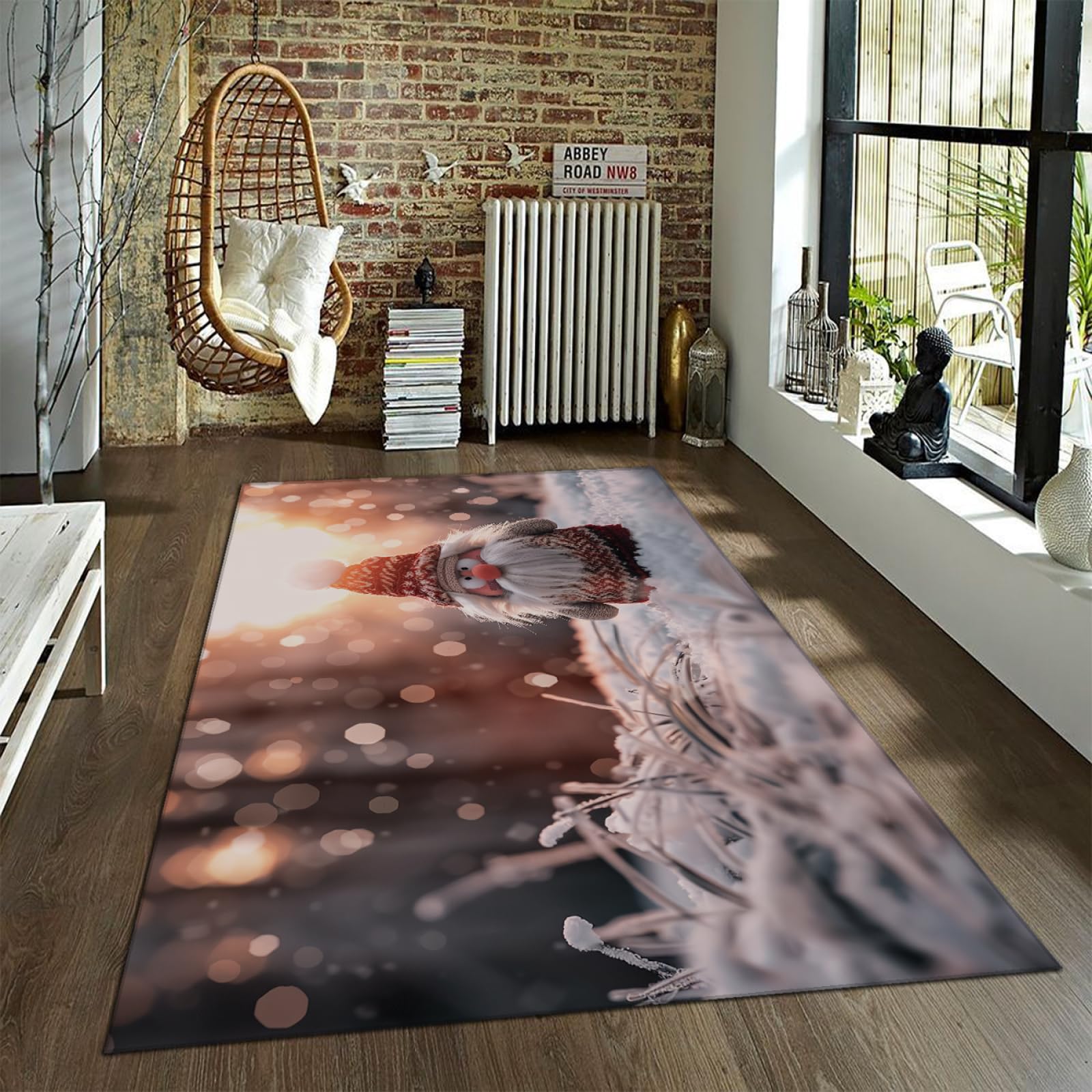Alfombra de área temática navideña Copos de Nieve Sunshine Santa Claus patrón Alfombras de Piso para Chimenea Sala de Juegos Decoración del hogar Antideslizante 60x90cm