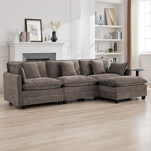 Miniatura 11 de Sofá seccional de 111'' con asiento profundo tipo nube, sofá seccional moderno y cómodo de chenilla en forma de L para juego de sala de estar, sofá