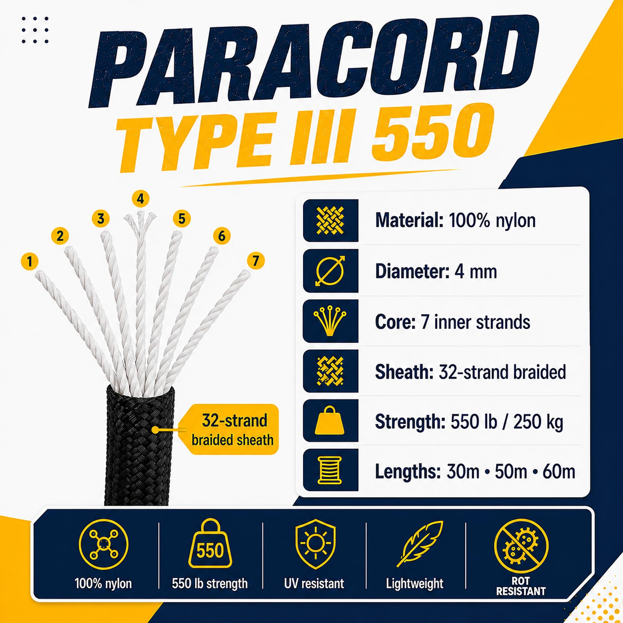 Paracord 4mm Set (30m, 50m, 60m) | Idealny do rękodzieła, majsterkowania, biwakowania, przetrwania, na świeżym powietrzu | 100% nylonowa lina 4mm| Linka Taktyczna 550 Typ III