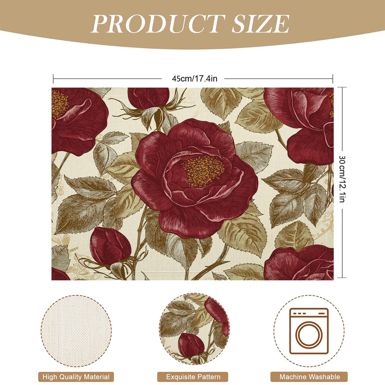8 Pezzi Tovagliette Americana Floreale retrò - Tovaglietta Americane in Cotone e Lino Rose rosse Lavabili Sottopiatto per Sala da Pranzo Tavolo da Cucina 45 ×30 cm