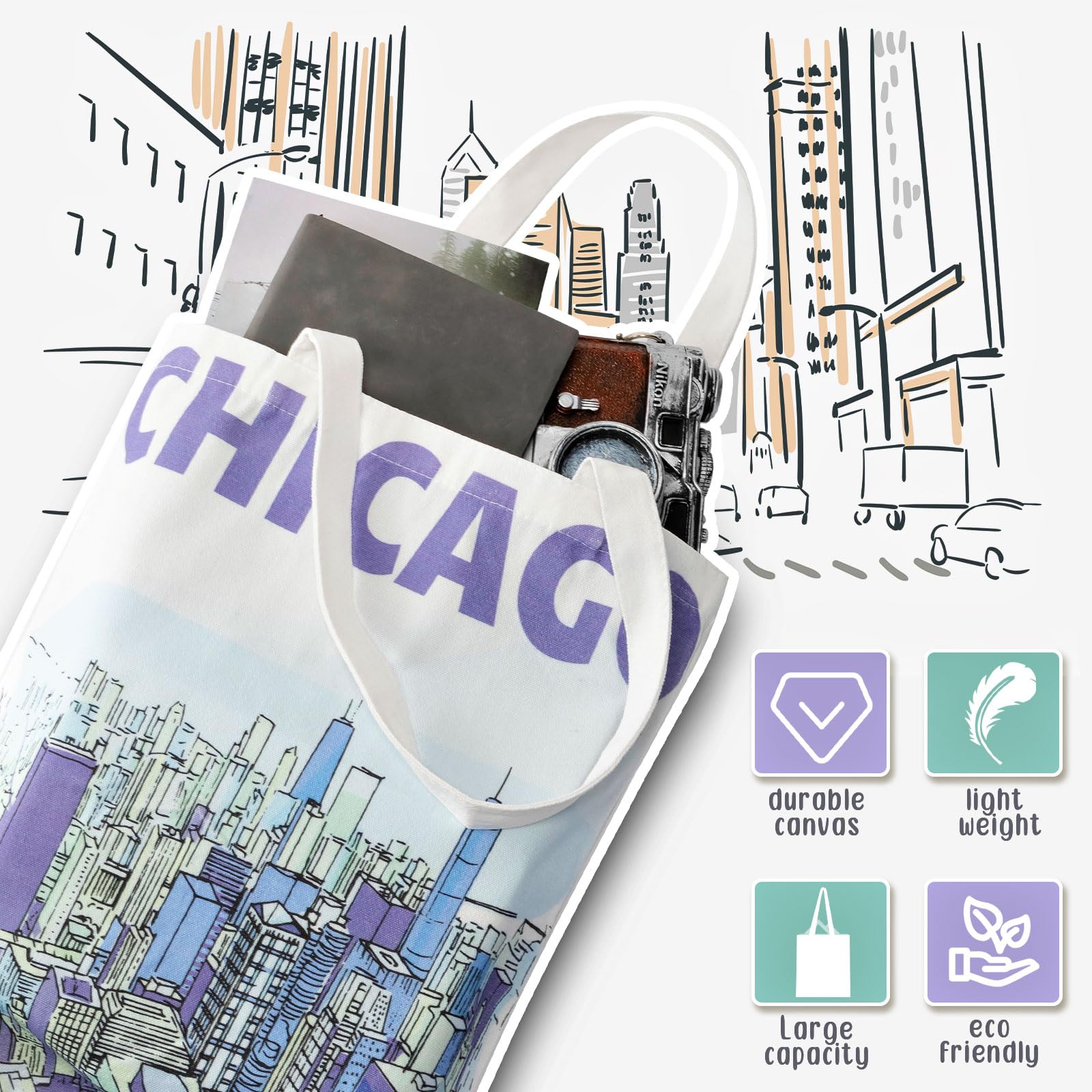 Paterr 6 Pcs Chicago Canvas Tote Bag Watercolor Chicago City Souvenir Gift Souvenir Women Travel Gifts Grocery Shopping Bag Christmas Party Favors