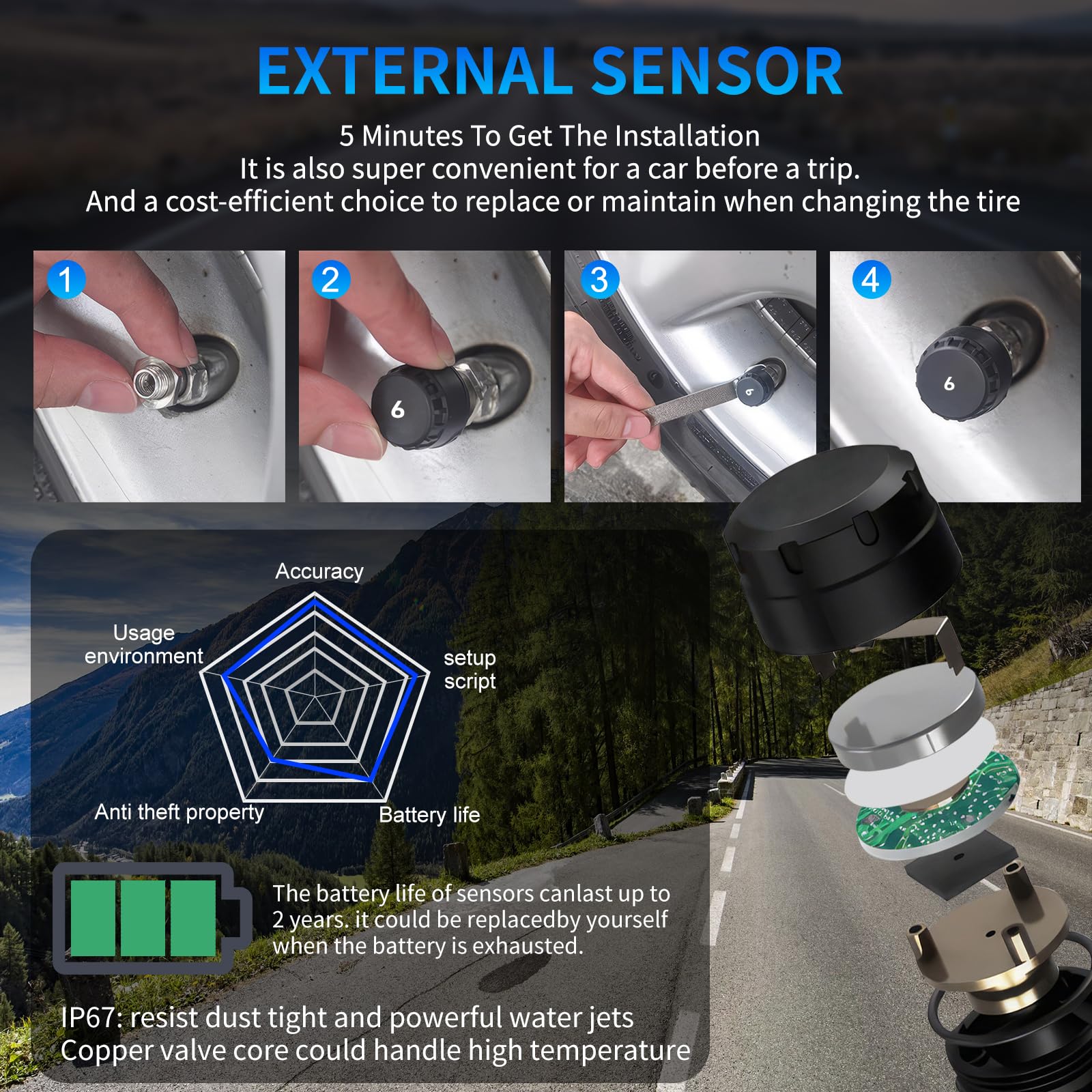 Sistema de control de presión de neumáticos KAOLALI compatible con 6 ruedas, con monitor de presión de neumáticos con pantalla digital, 9,9 bares/144 PSI máx., carga solar y USB, para camiones