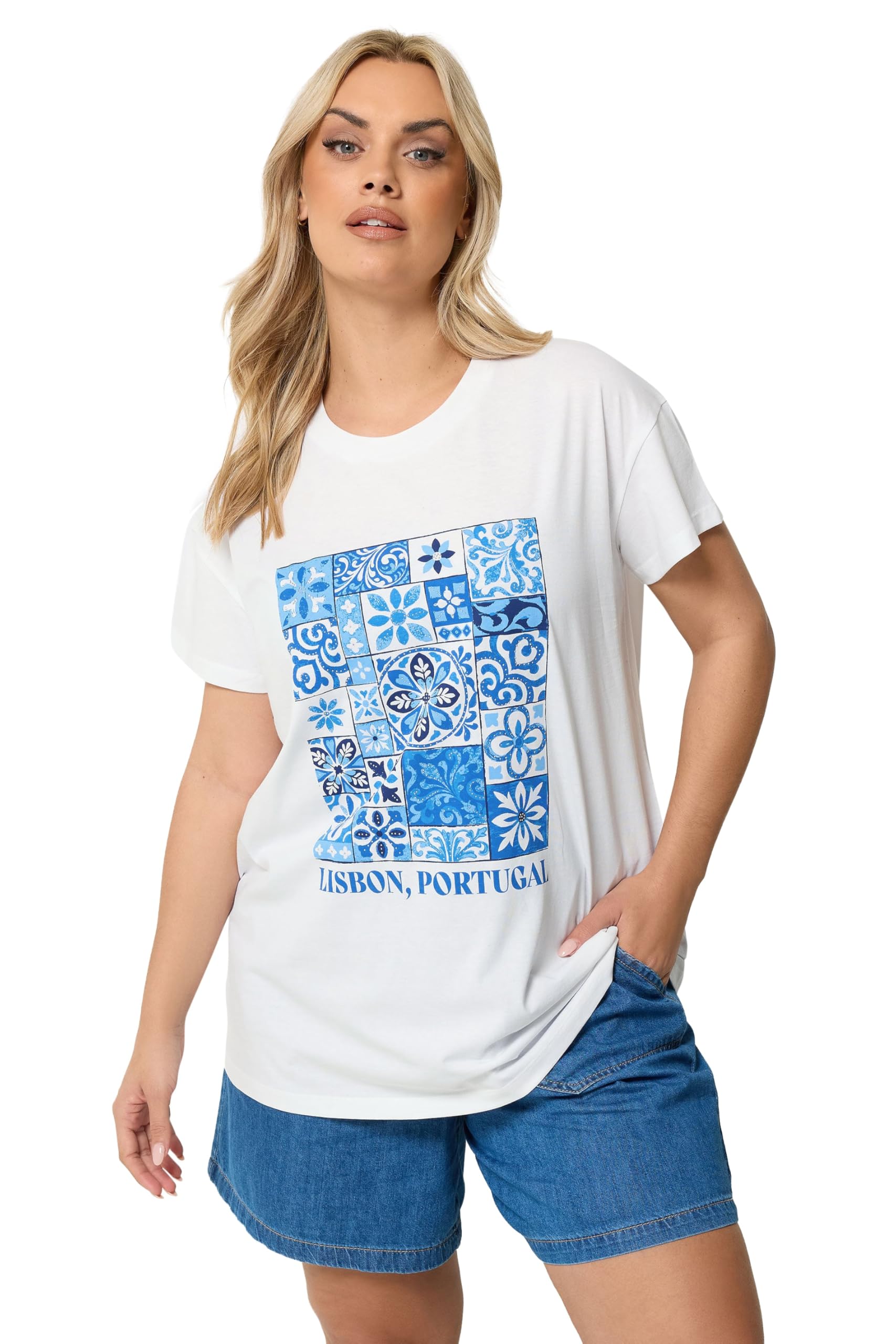 Yours Women's White 'Lisbon Portugal' Graphic T-Shirt In | Size: 30/32