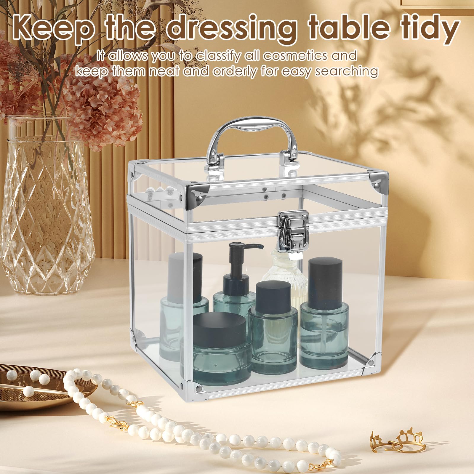,Plata,Caja de Belleza, Estuche Transparente para cosméticos, Caja de Maquillaje con asa, Caja organizadora de artículos de tocador, Herramientas de Maquillaje de Viaje para tocador, tocador de baño