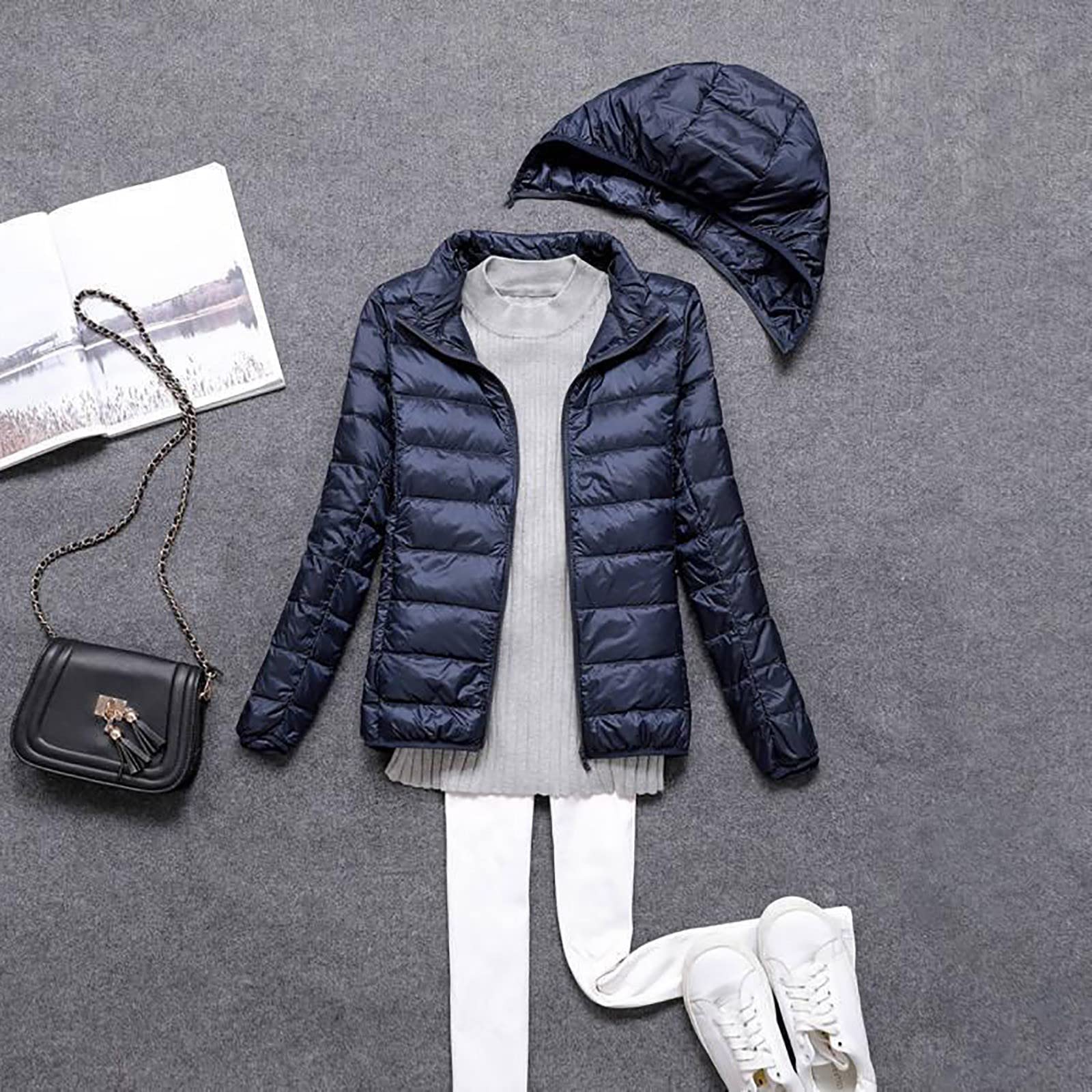 Generisch Piumino invernale da donna, leggero, sottile, per le mezze stagioni, casual, trapuntato, con berretto rimovibile, taglie forti, calda giacca per esterni