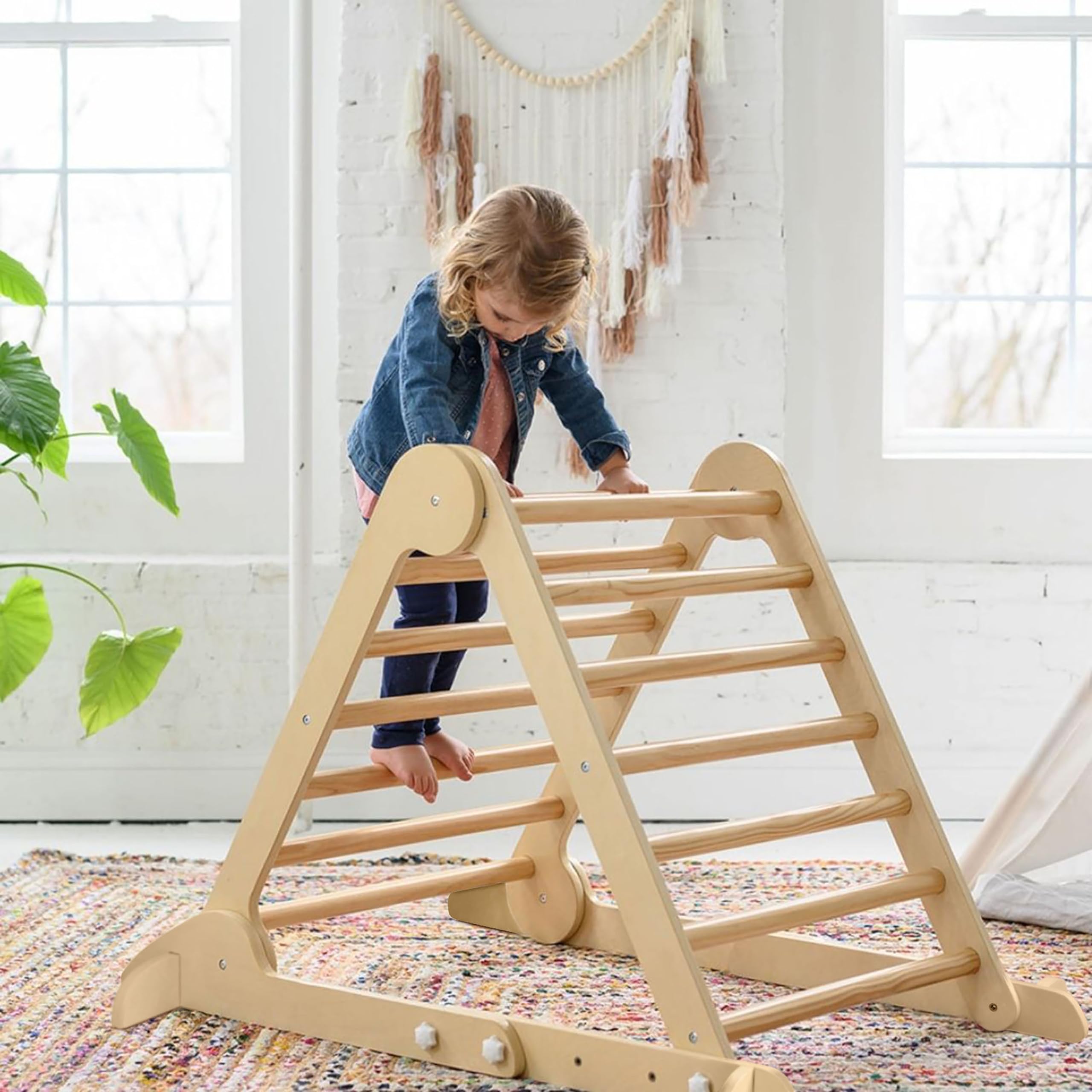 Little Partners Learn 'N Climb Wooden Climbing Triangle Foldable Wood Climbing Gym for Toddlers, Triangle Climber w/Slide Ramp for Skill Development, 3 Height Positions (Natural, Unassembled)