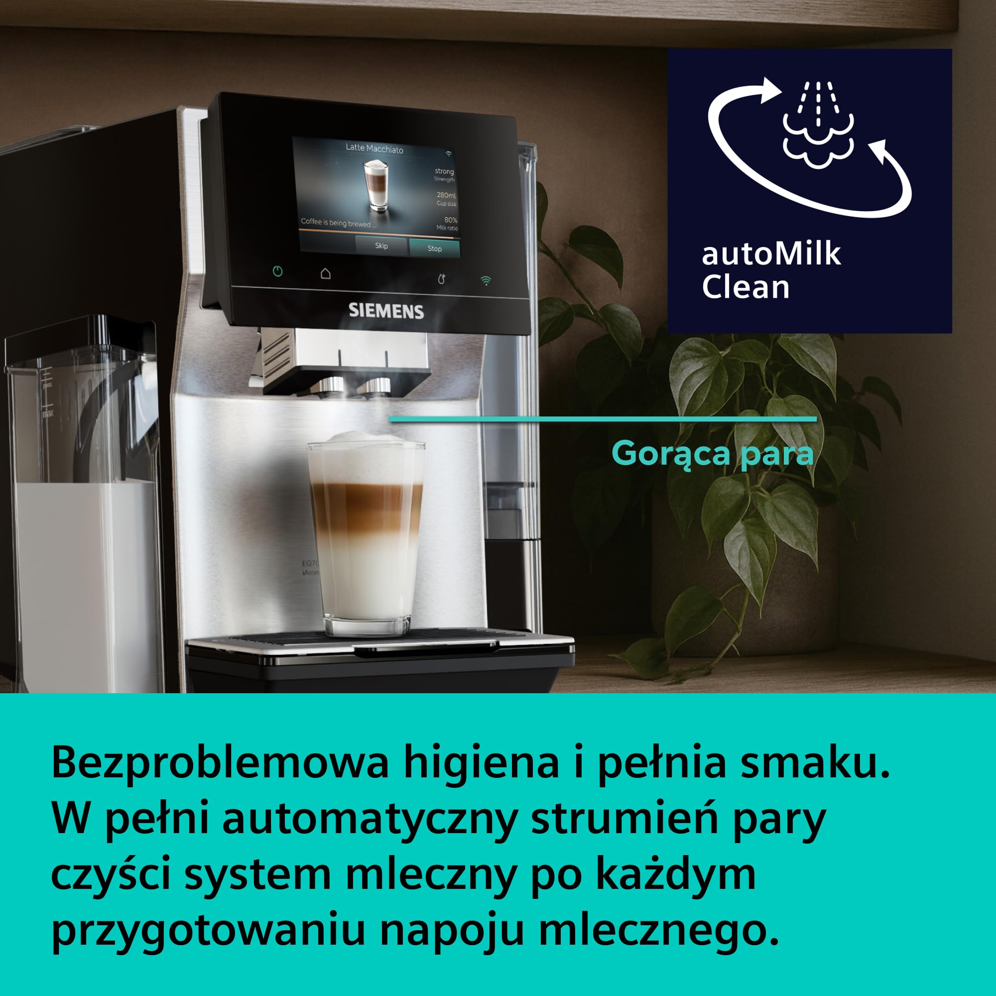 Siemens, automatyczny ekspres do kawy, EQ700 iAroma, wyświetlacz dotykowy, zintegrowany pojemnik na mleko, podgrzewacz filiżanek, Cold Brew i Slow Brew, stal nierdzewna/czarny, TQ727E03