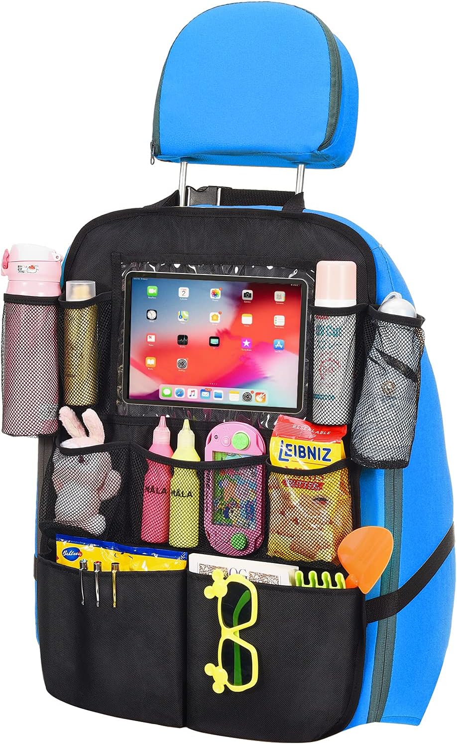 iBune Car Backseat Organizer with 10'' Clear Tablet Holder and 9 Storage Pockets, Back Seat Protector for iPad Snacks Drinks Toys Books Magazines and more, Perfect for Travel Road Trip
