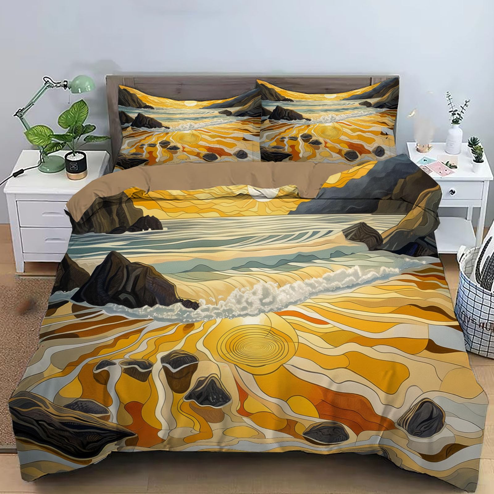 Housse de couette 220x240 cm jaune moutarde Sunset Beach avec taies d'oreiller