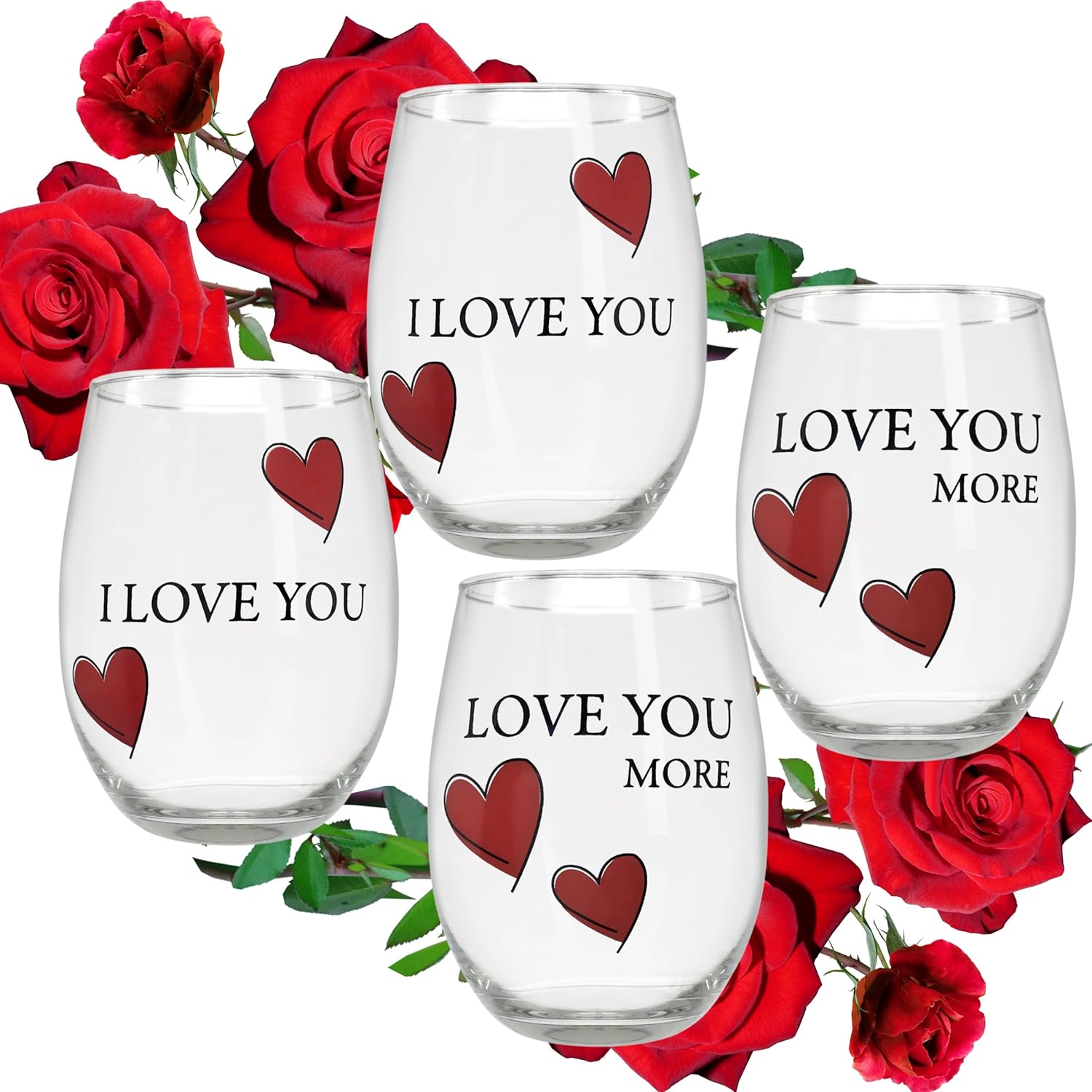 BANBERRY DESIGNS Lover's Wine Glass Set - I Love You, Love You More - Set of 4 - Stemless Wine Glasses with Decorative Hearts - Mr. & Mrs. - His and Her Romantic Glassware - Each 20 oz