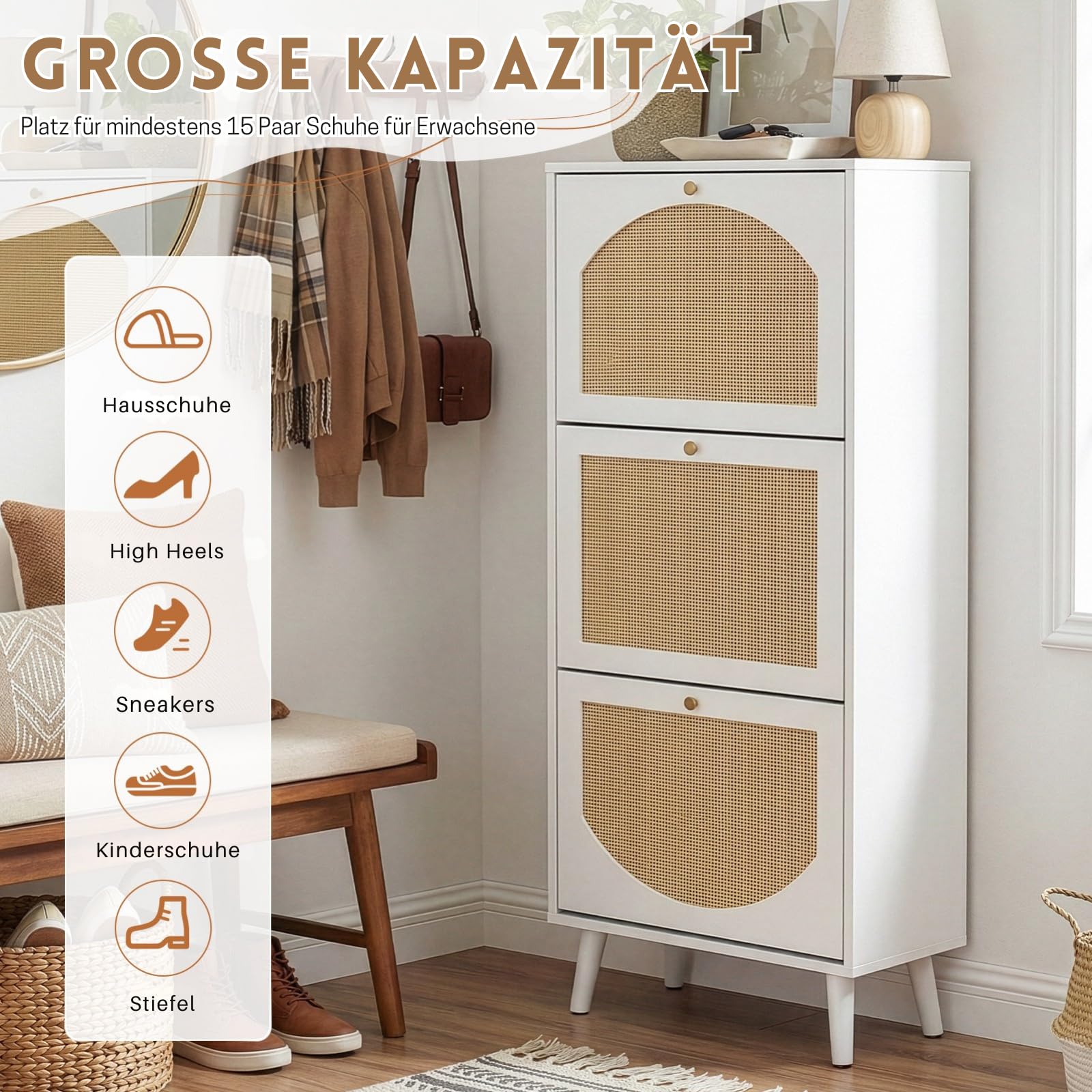 Schuhschrank Schmal, Schuhregal mit 3 Klappen, Schuhkipper Weiß