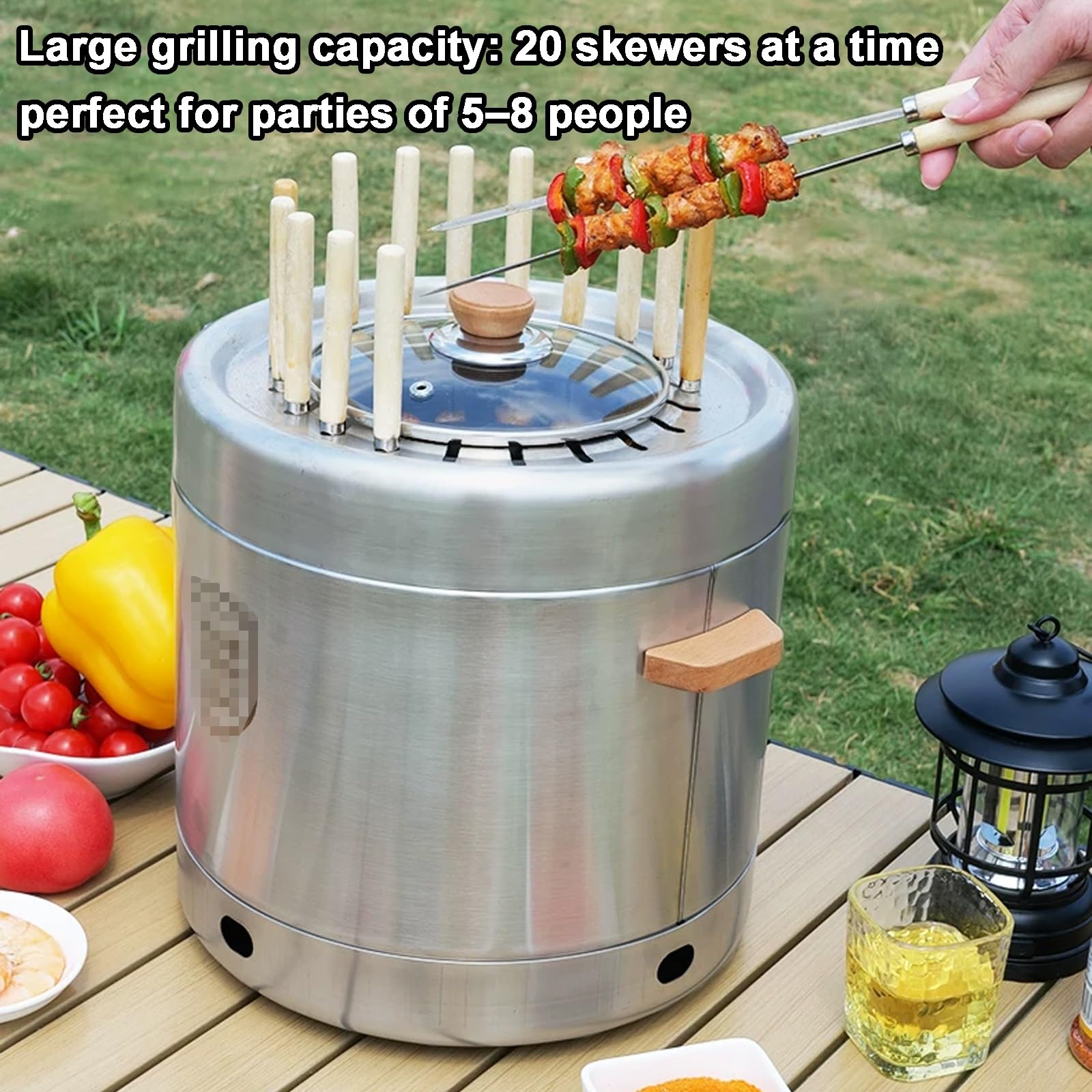 Affumicatore Compatto, Barbecue Portatile Smontabile, con Manico in Legno Coperchio in Vetro, Acciaio Inox Alimentare 304 da Esterno Giardino Campeggio