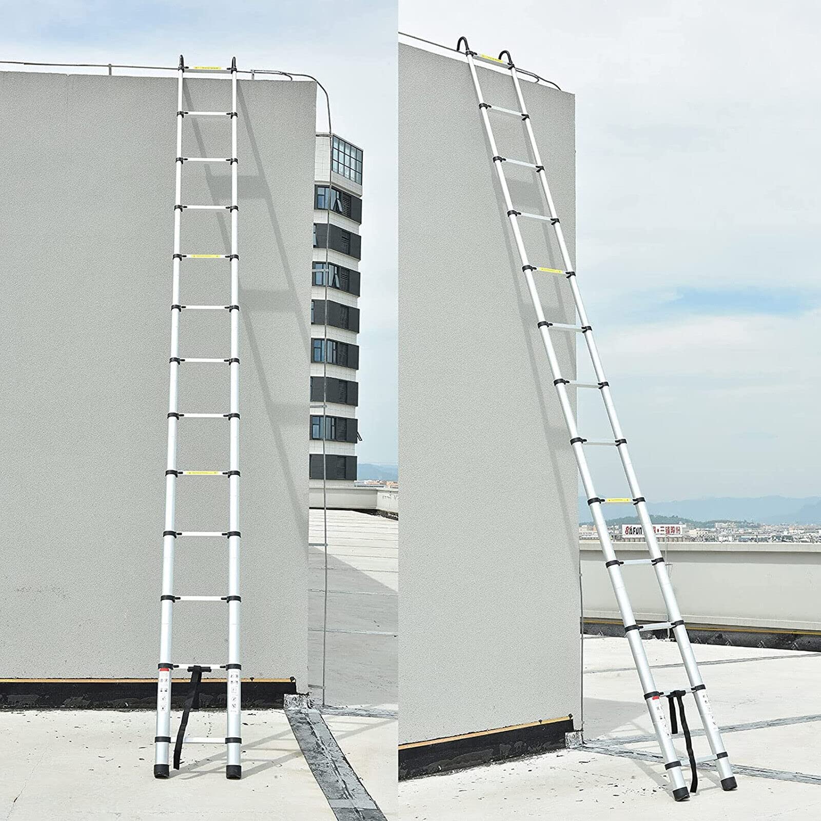Escalera telescópica extensible plegable de 150 kg, capacidad de carga de 4,4 m, escalera de acero inoxidable con kit de gancho de techo