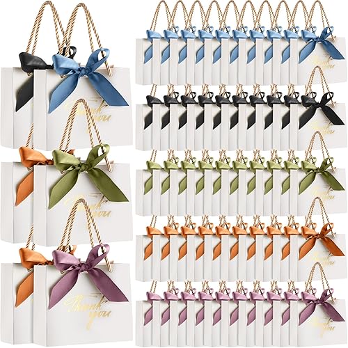Miniatura 8 de Colarr 60 bolsas de regalo rosas de agradecimiento de papel, bolsas de regalo pequeñas de color rosa con asas y cinta de lazo para boda, cumpleaños,