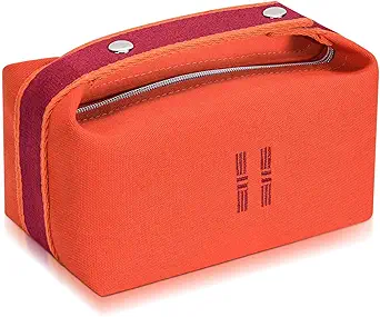 Fashion Makeup Bag for Women, Orange Red Canvas Travel Cosmetic Organizer with Hanging Feature