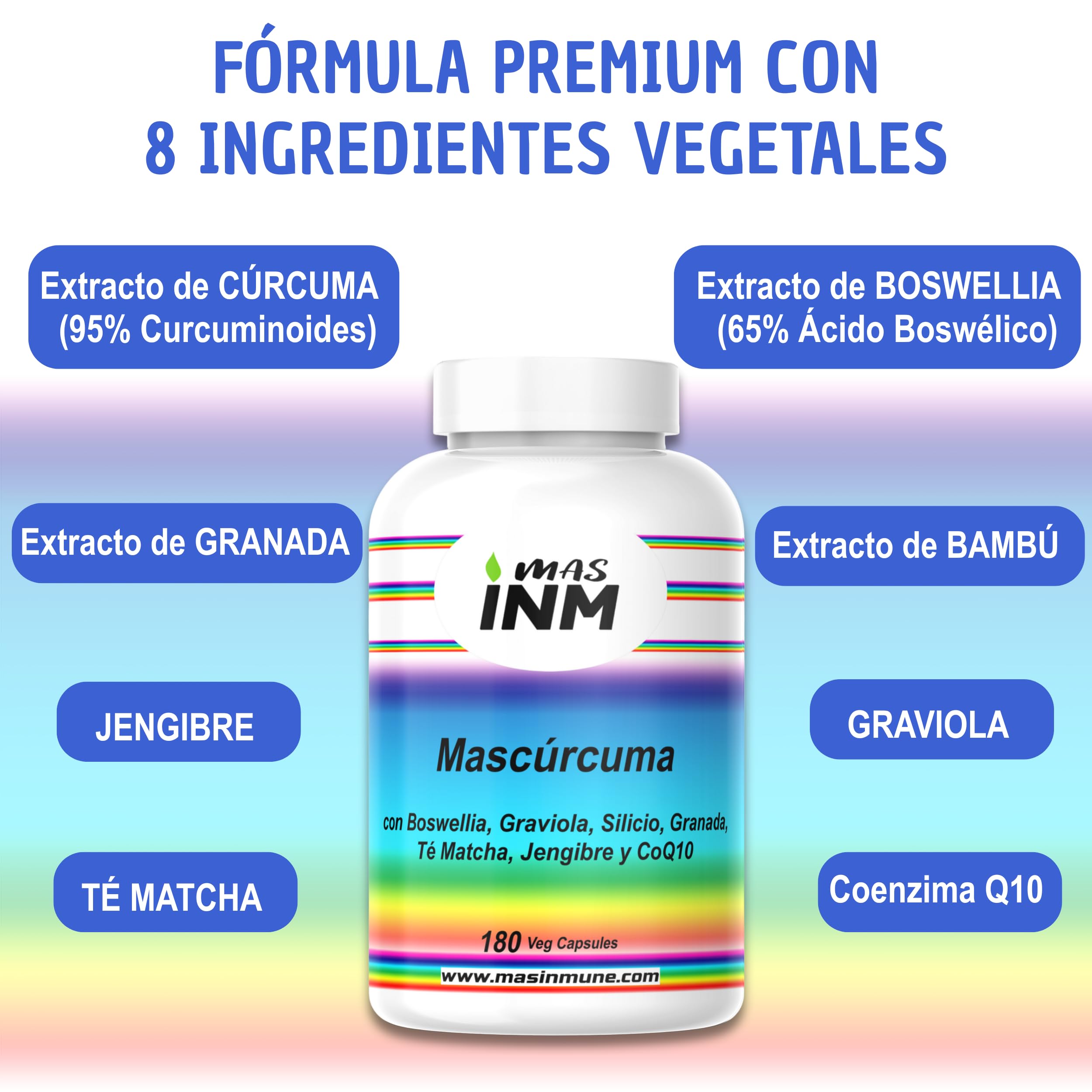 Mascúrcuma – suplemento antiinflamatorio natural con curcumina 95 % – boswellia serrata – jengibre – graviola – granada – té matcha – coenzima Q10 – silicio orgánico – 180 cápsulas vegano – Masinmune