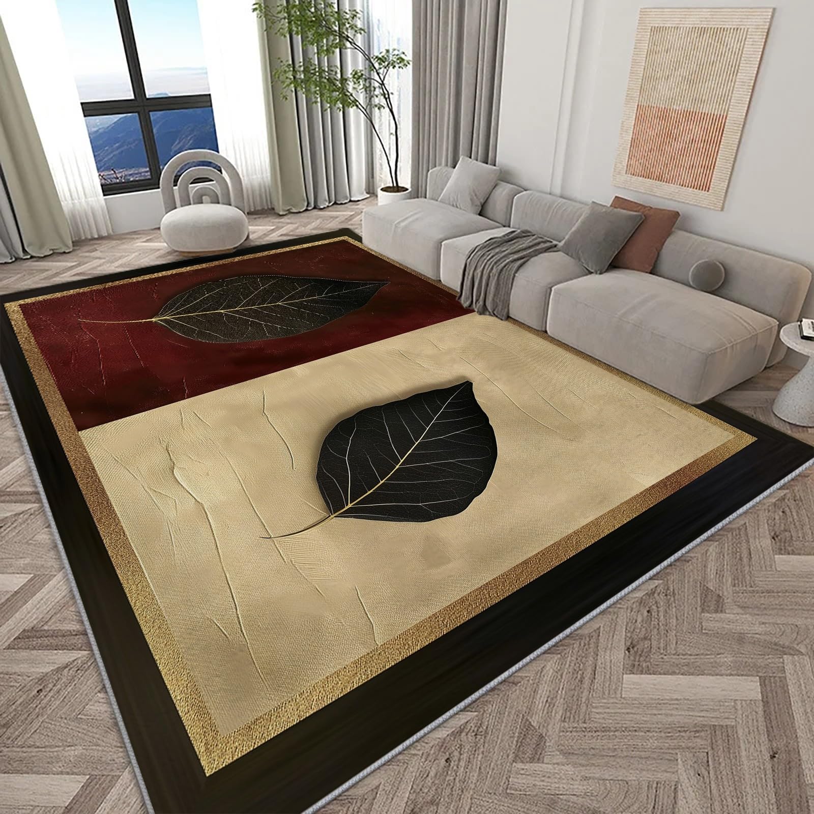 Tapis de salon moderne feuilles sombres 60x90 cm d'une douceur exceptionnelle