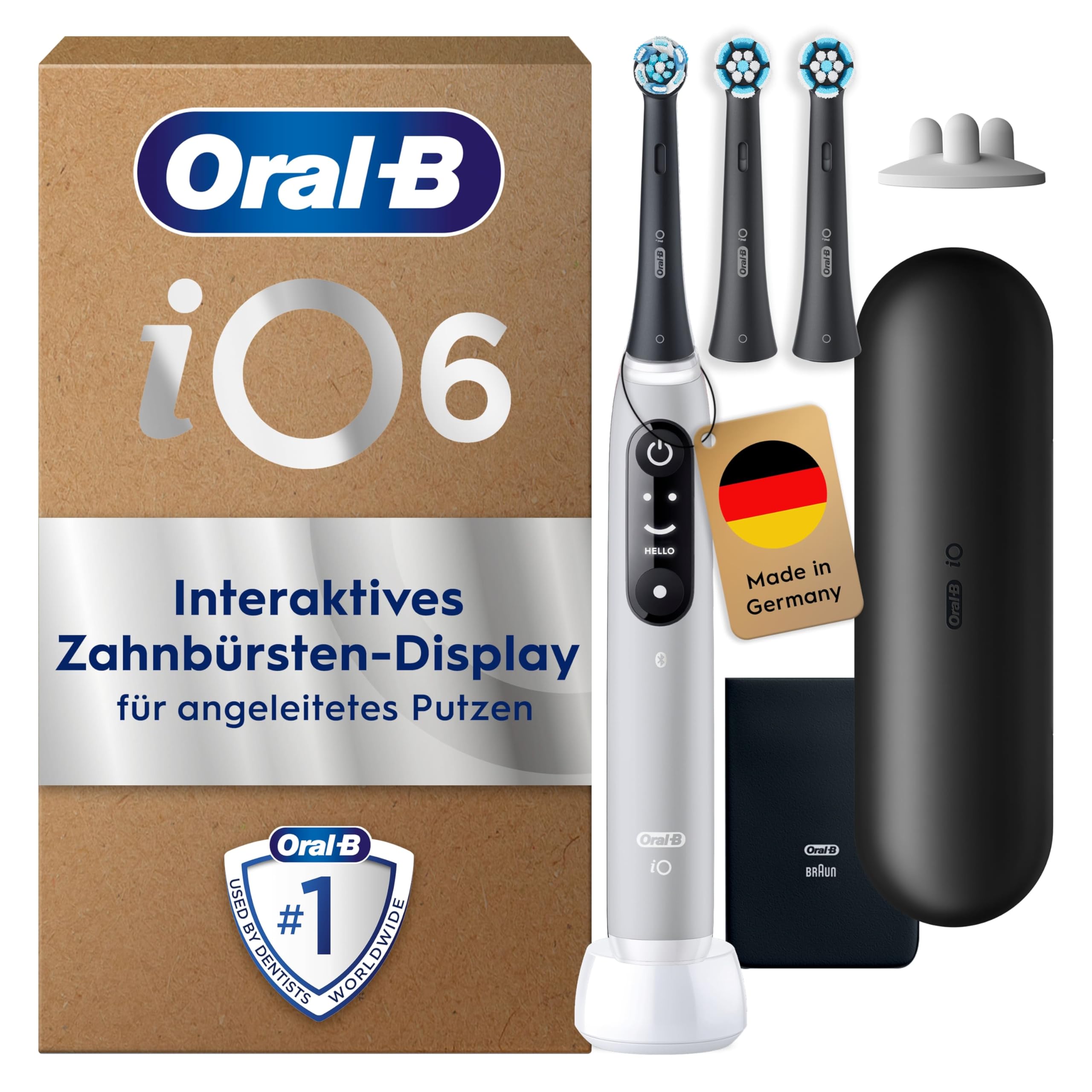 Oral-B iO Series 6 Plus Sensitive Edition Elektrische Zahnbürste/Electric Toothbrush, PLUS 3 Aufsteckbürsten, 5 Putzmodi für Zahnpflege, Reiseetui, Designed by Braun, grey opal