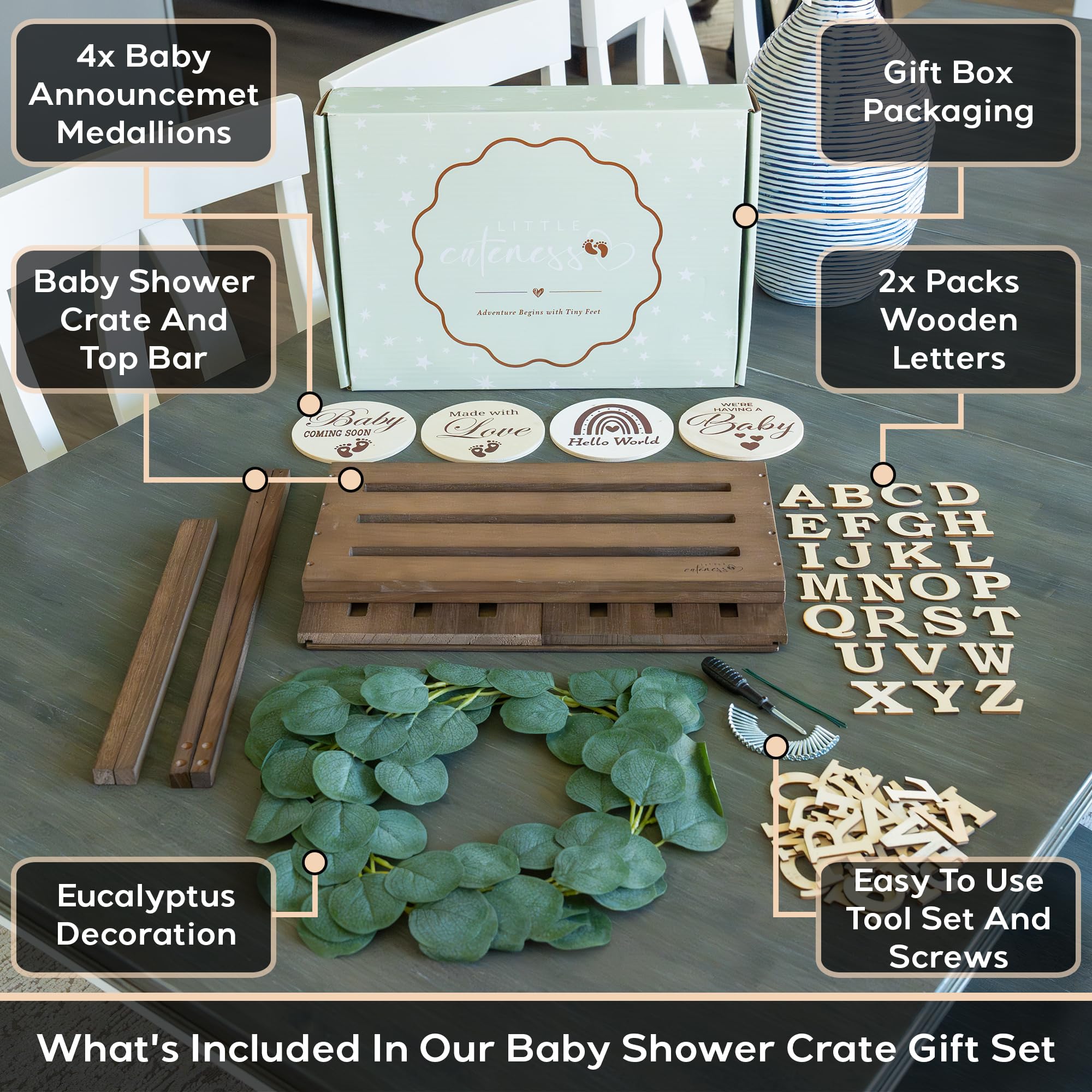 Little Cuteness Wooden Baby Shower Crate Closet - Rustic Brown, Personalized Baby Gift Basket with Dual Rod System, Easy Assembly, 16