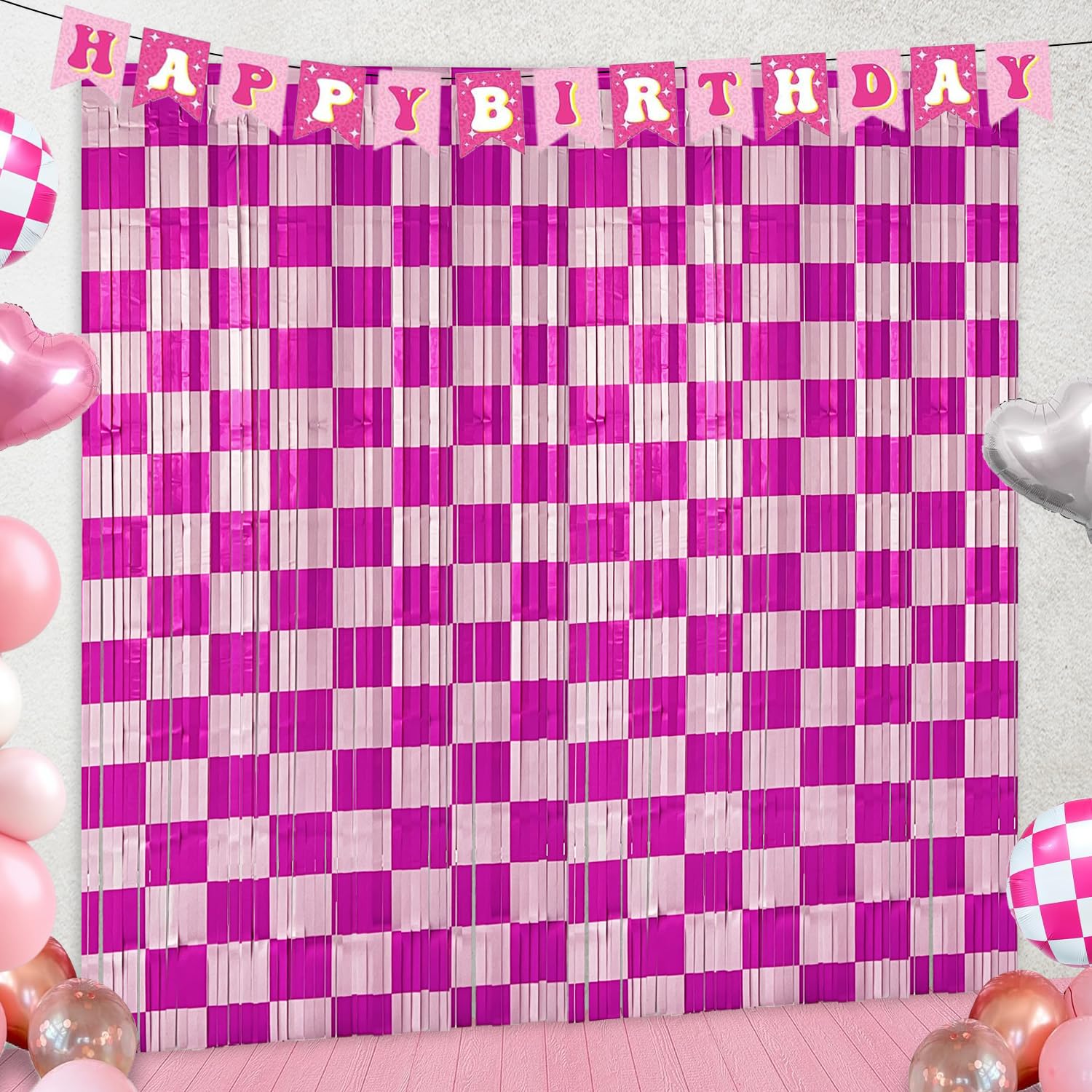 Preppy Birthday Party Streamers Backdrops Decorations, 2 Pcs Pink Checkered Foil Fringe Curtain Photo Booth Props for Girls Race Car Smiley Face Baby