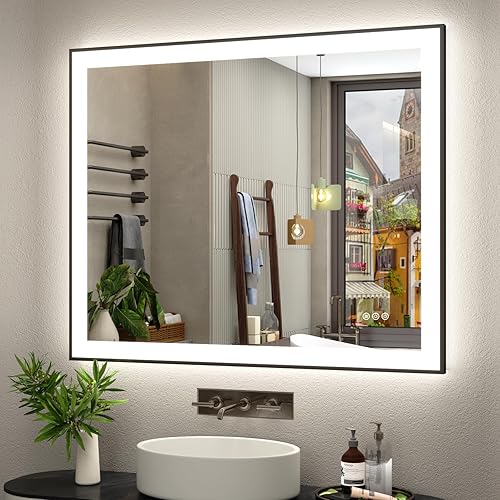 SMIROR Espejos LED con marco negro de 40 x 30 pulgadas para pared de baño, espejos de tocador grandes iluminados, regulables, antivaho, memoria,