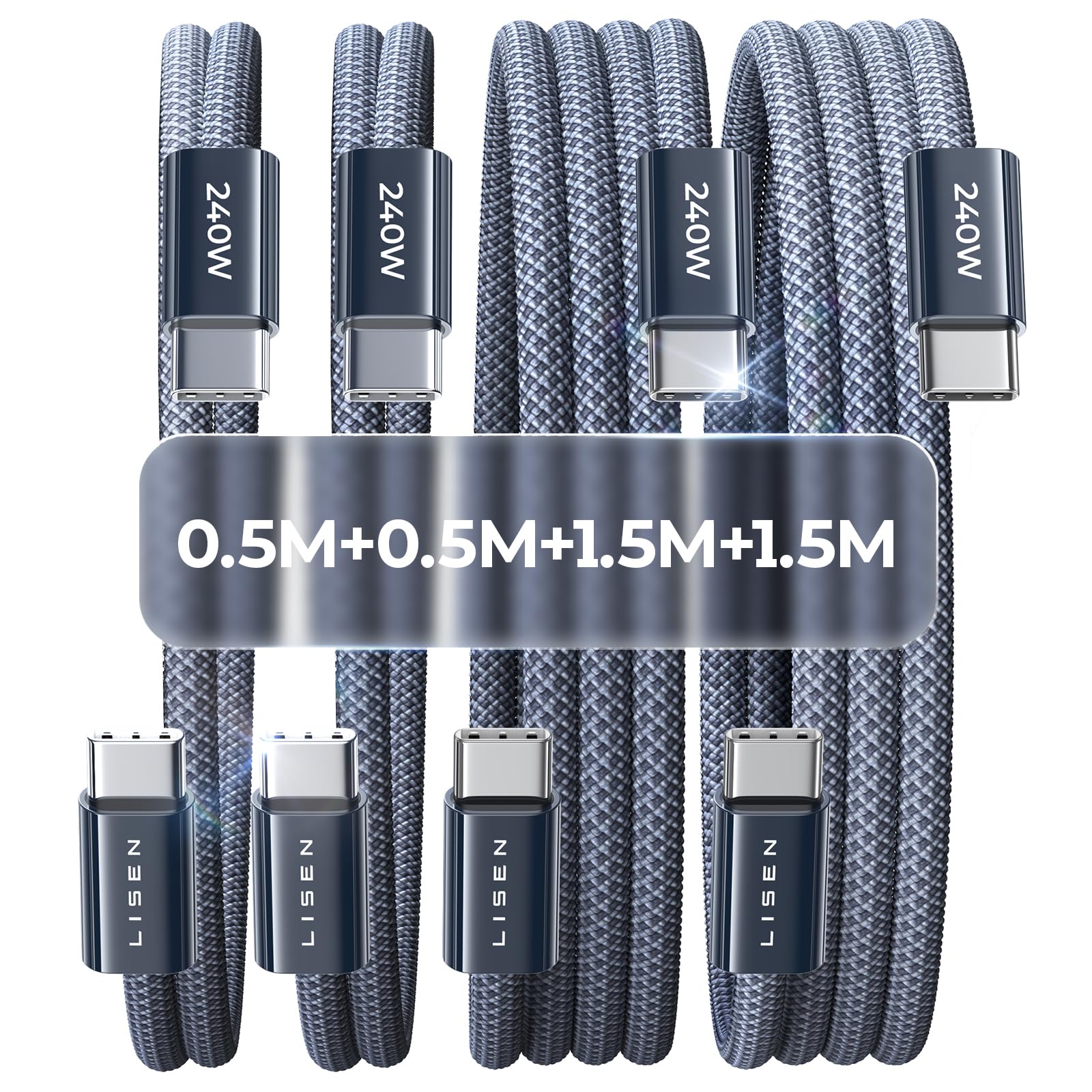 LISEN 240W USB C Kabel, PD 3.1 USB C Ladekabel, USB C auf USB C Kabel | 4 Stück/0.5M+0.5M+1.5M+1.5M | für iPhone 18 Pro Max/iPhone Air/16/15, Samsung Galaxy S26, MacBook Pro/Air, iPad Pro