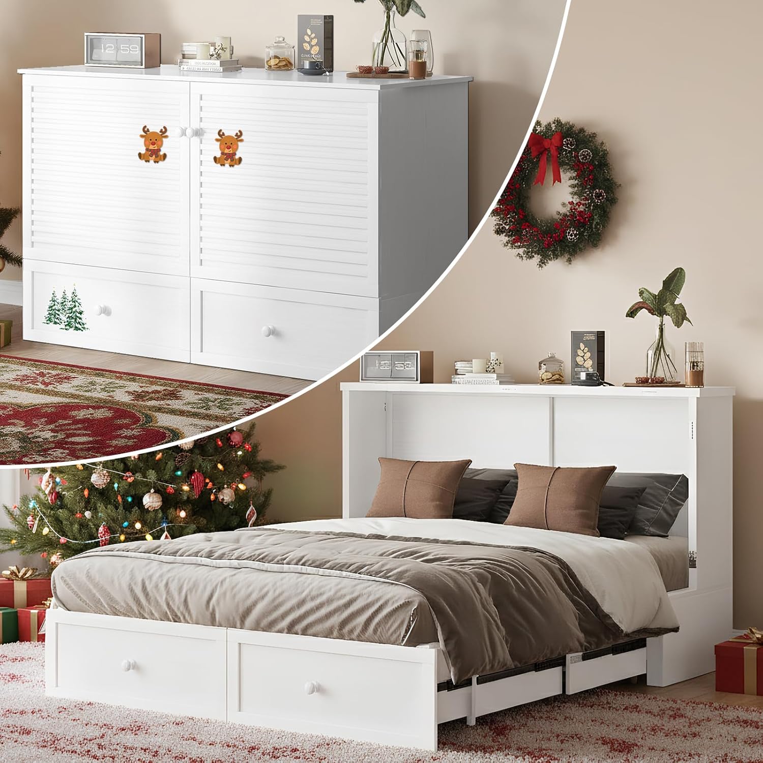 Mjkone 63" W Queen Size Murphy Bed Cabinet with Tri-Folding Mattress and USB Charging Station, Modern Guest Wall Beds Chest Cabinets Bed with Storage Drawers for Bedroom Home Office, White