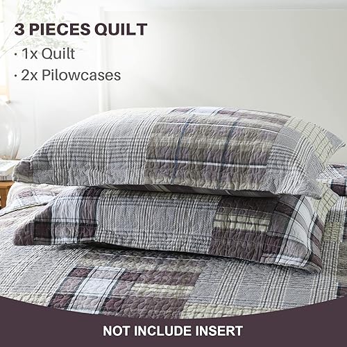 Miniatura 5 de Y-PLWOMEN Juego de edredón Queen 100% algodón, colcha Queen color morado y blanco, tamaño Queen, juego de ropa de cama reversible ligero a cuadros