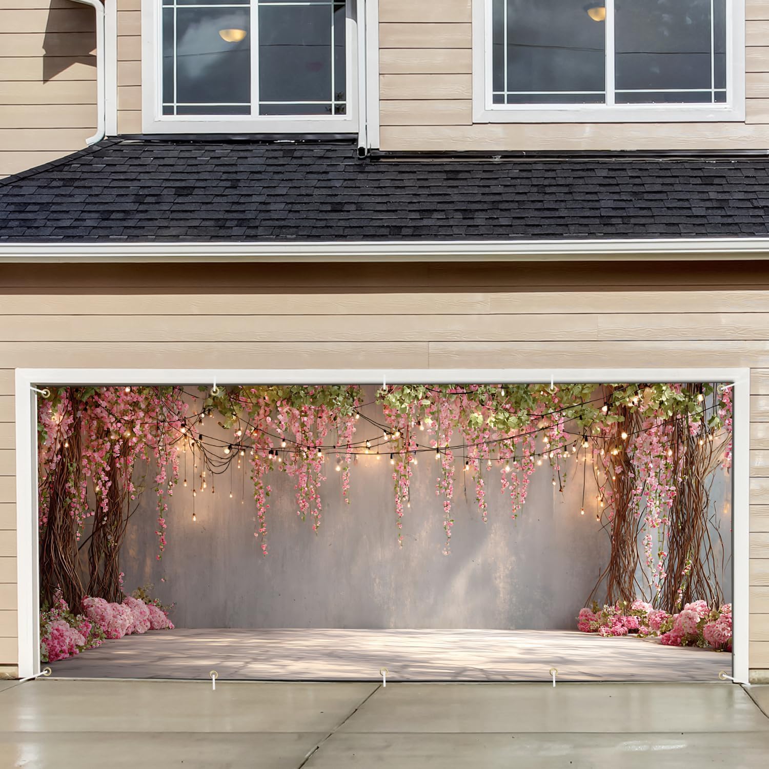 16x7Ft Romantic Pink Flower Vine Wall with Hanging Lights, Wedding & Party Garage Door Cover, Large 2 car Garage Door Cover Banner Decorations for Party,Home,Outdoor,Indoor