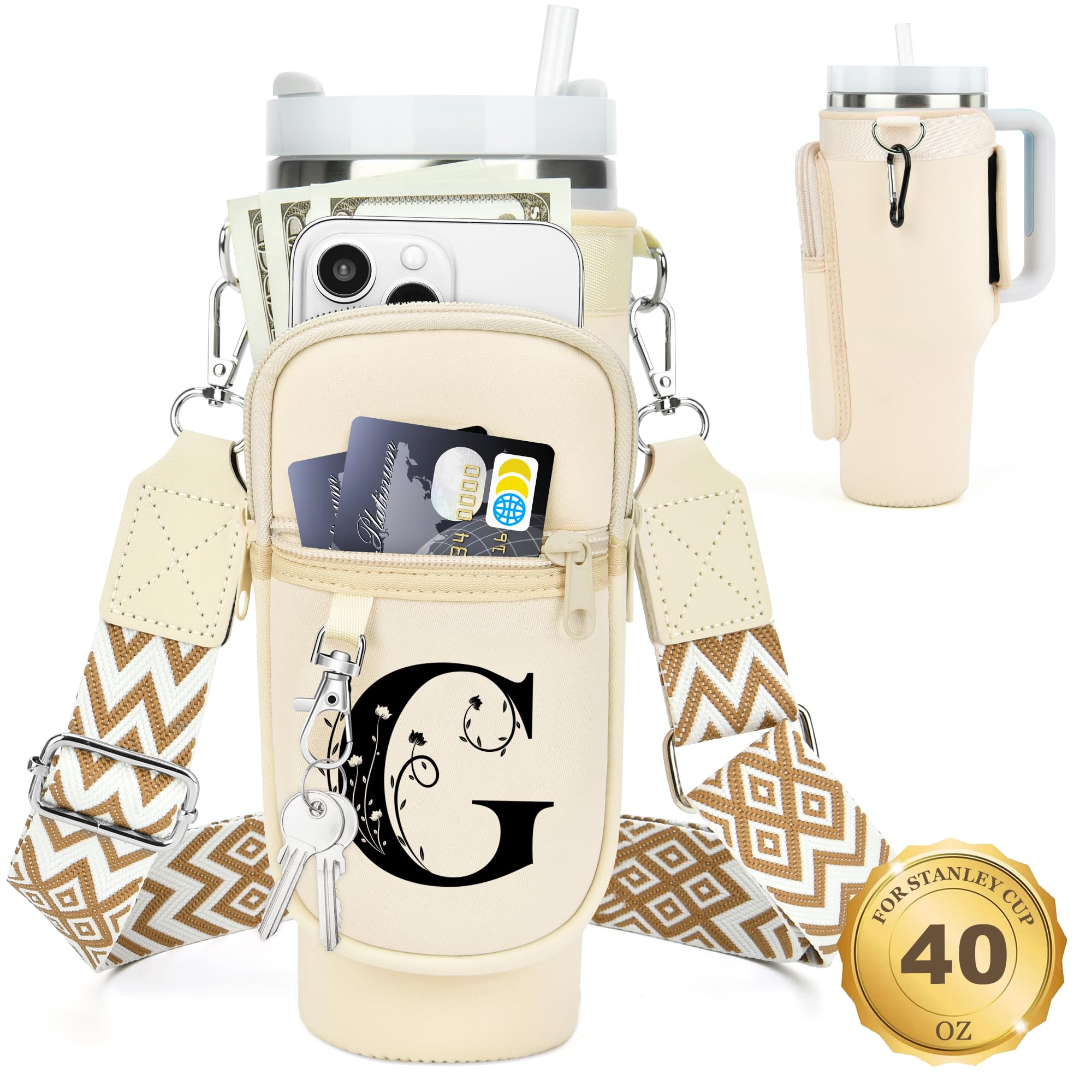 Initial Water Bottle Holder with Strap for Stanley Cup 40 oz Tumbler