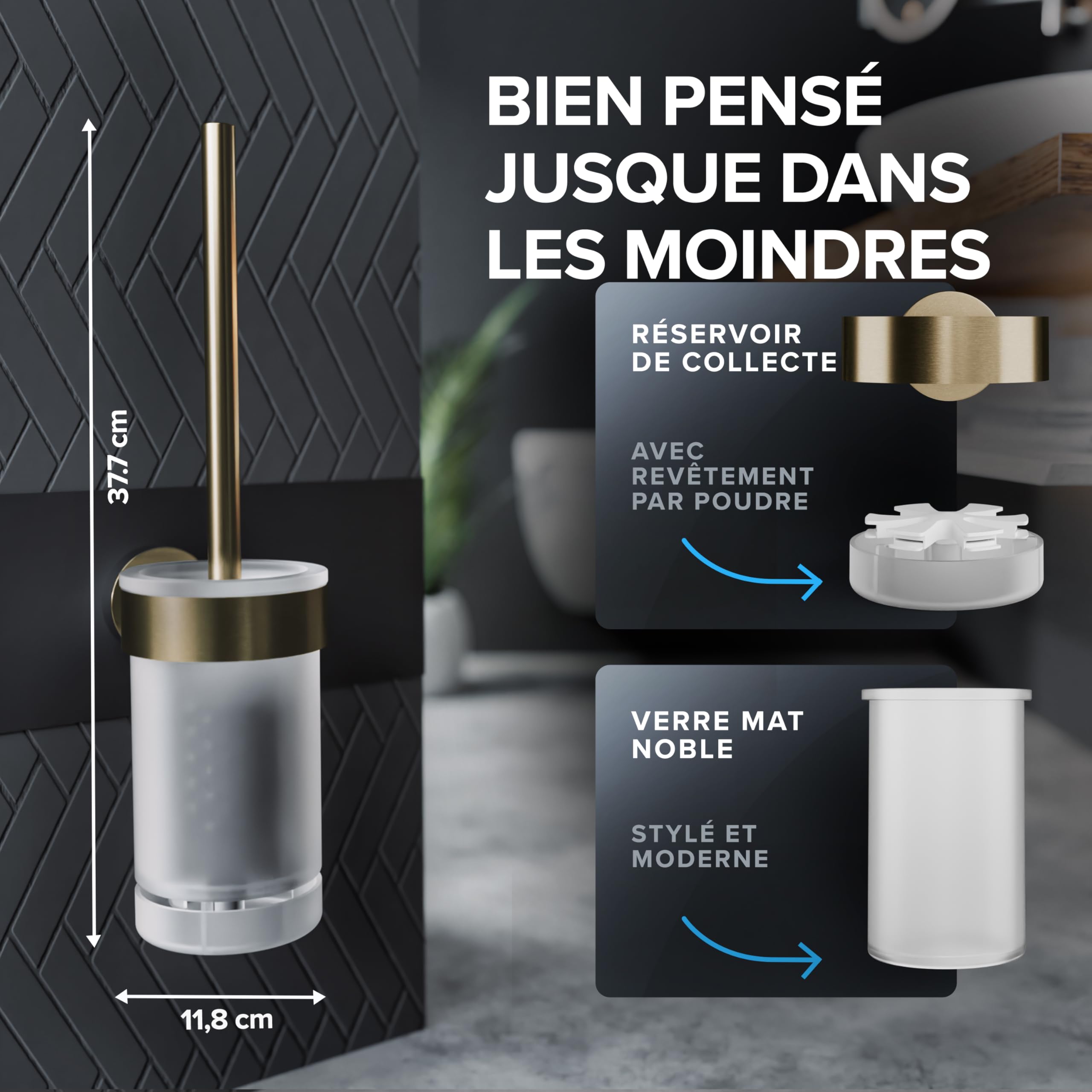 ovimar Erviksanden Brosse de toilette, dorée, montage mural, avec perçage, en silicone, avec fonction d'aération, à percer ou à coller, en acier inoxydable, tête de brosse WC interchangeable