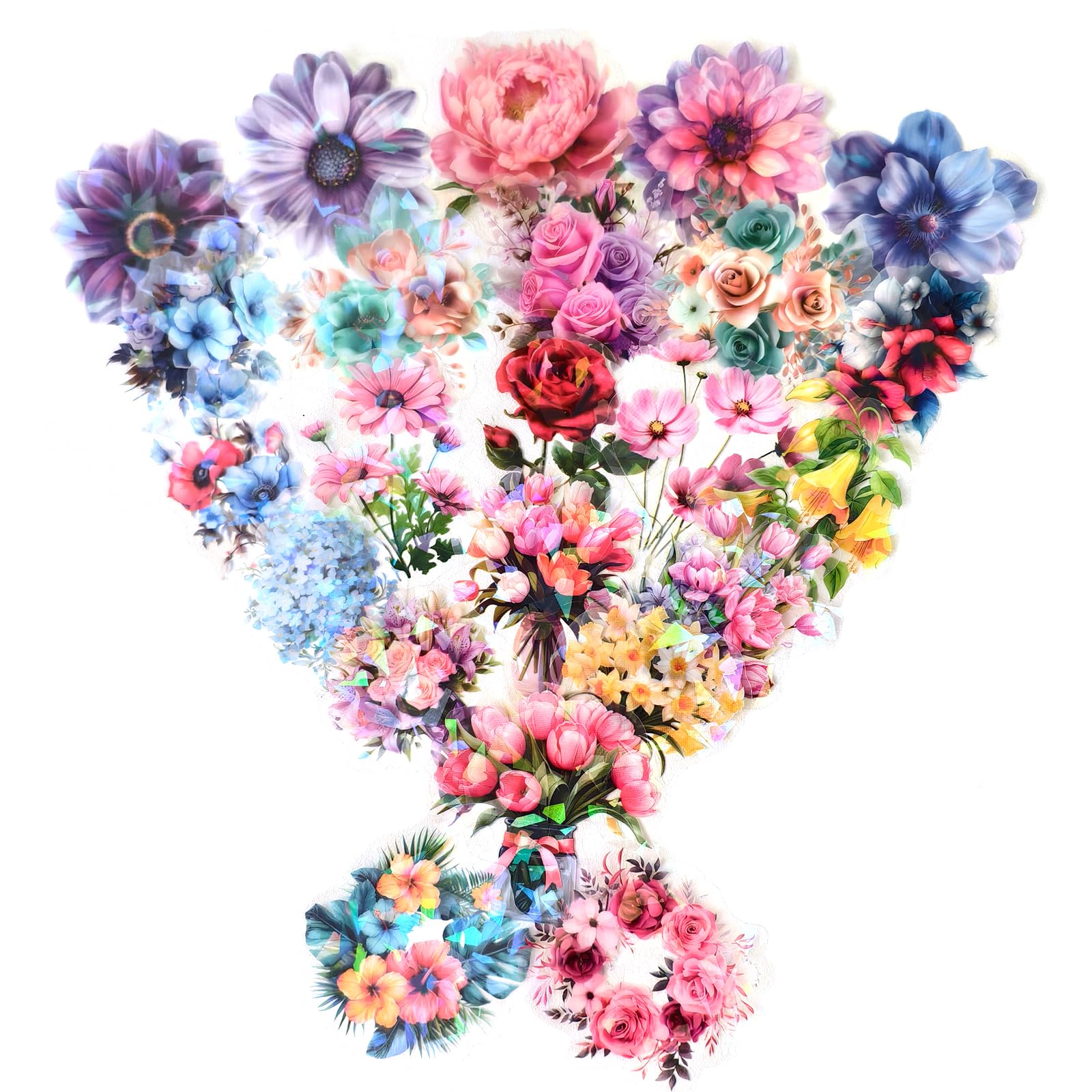 Ychsring Sparkly Botanical Floral Stickers - 50 Pcs Clear PET Glitter Nature Plant Flower Stickers for Scrapbooking, Journal, Collage - Holographic