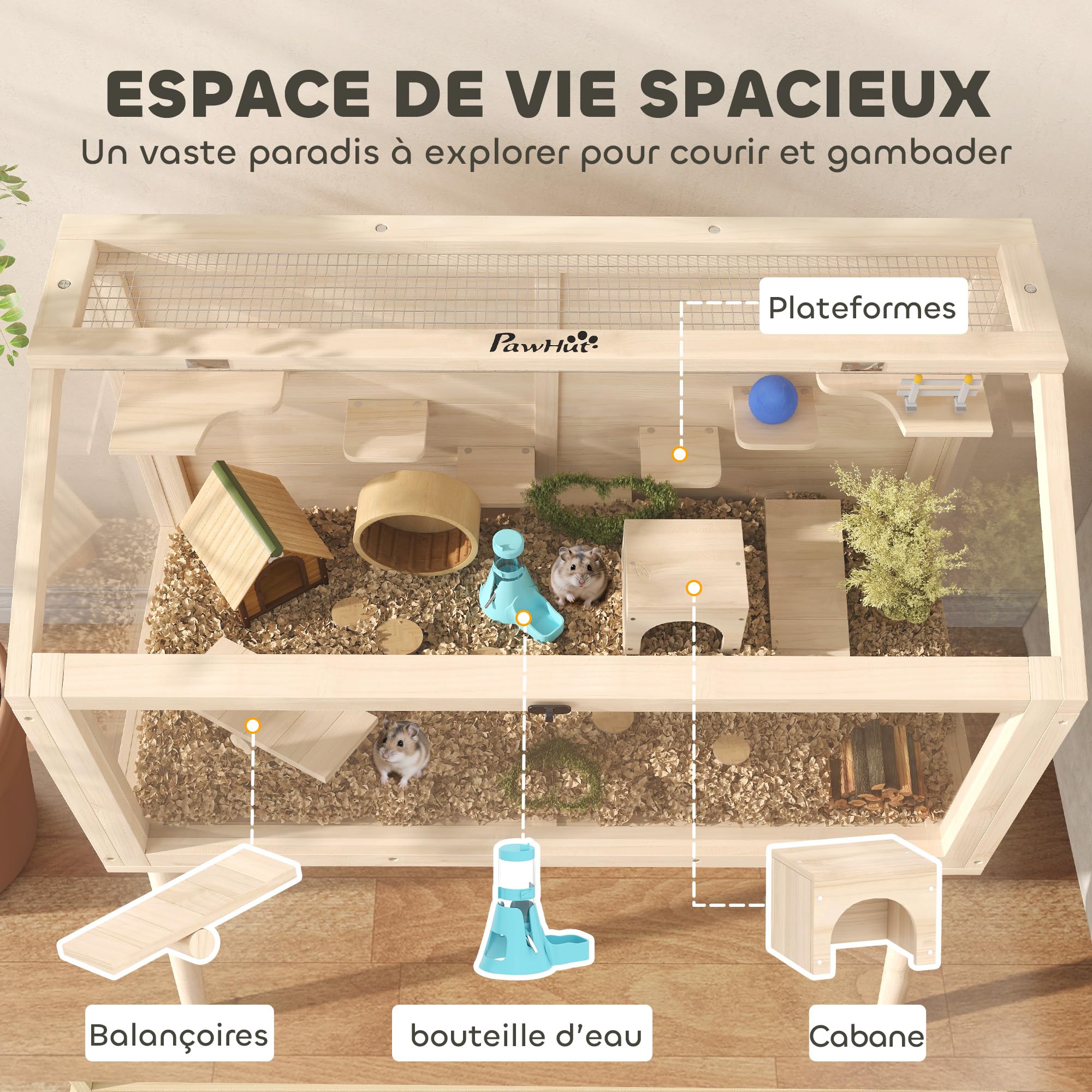 PawHut Cage Hamster en Bois Toit Ouvrable 110x52x101cm Effet Bois Naturel | Habitat pour Rongeur et Souris, 7 Plateformes, 2 Balançoires, Bouteille d'Eau, Cage à Gerbilles