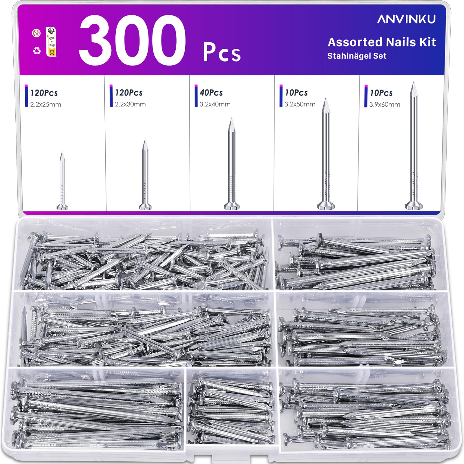 ANVINKU 300 Stück Stahlnägel Set, 5 Größen Nägel Wand, Flachkopf Nagelsortiment, Stahlnägel für Betonwände, Bilder Aufhängen, Heimwerken Handwerk