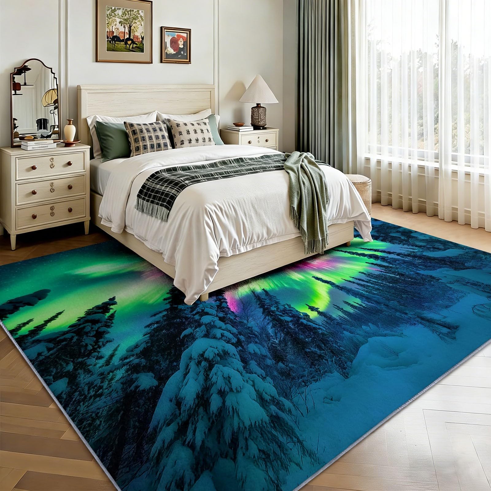 Dywan do salonu 140 x 200 cm pejzaż z sosną Aurora można prać w pralce, antypoślizgowy dywan do sypialni sypialni biuro krótkie włosy, kolor