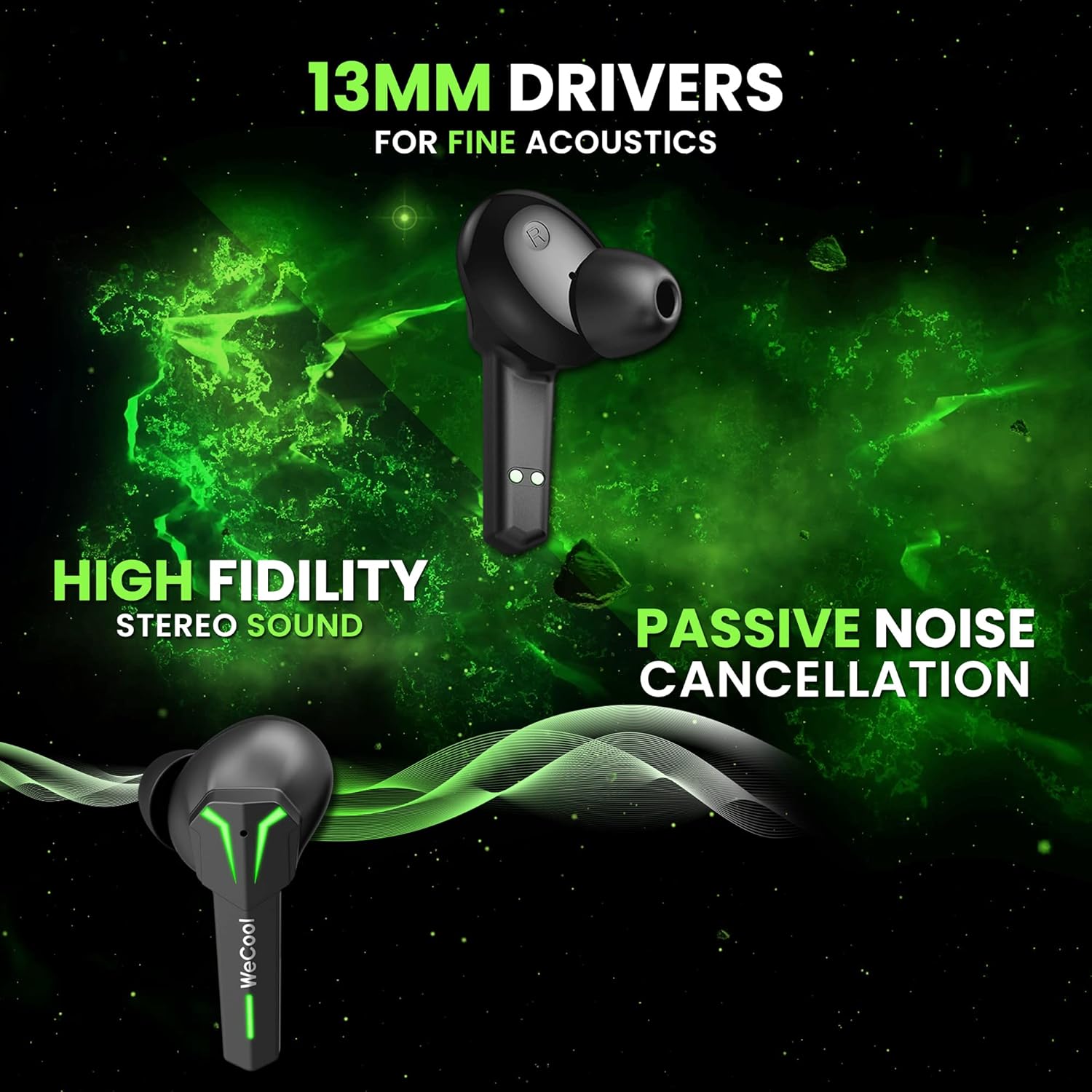 Close-up of WeCool Freesolo X3 Earbud highlighting 13mm drivers and sound features