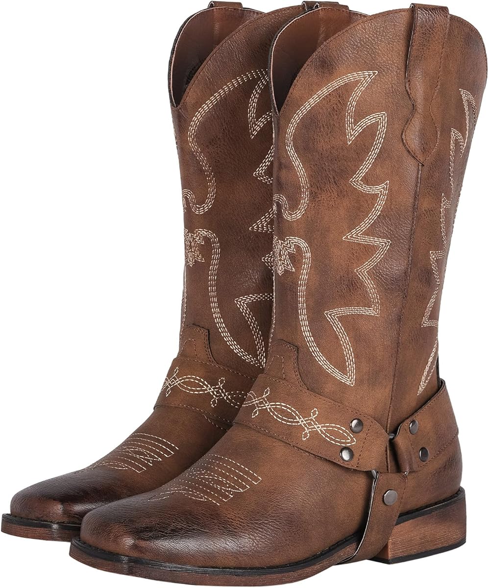 Amazon.com | SheSole Women's Buckle Strap Wide Calf Cowboy Boots Square Toe Western Cowgirl Boots Brown US 9.5 | Mid-Calf