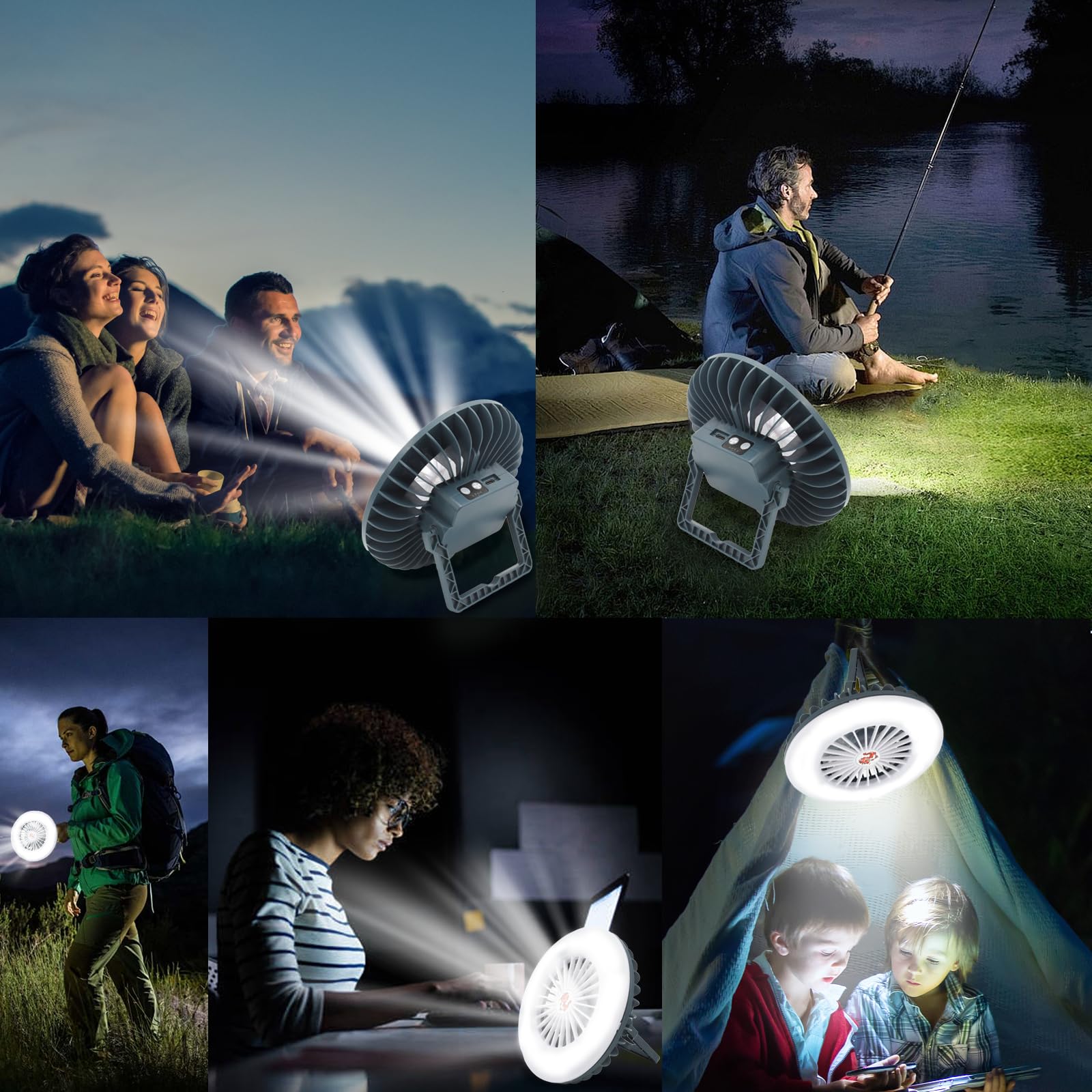 LED Campinglampe mit Ventilator USB Aufladbar, Zeltlampe Tragbar Campingleuchte con gancio e supporto, Notfallleuchte Camping Licht, Zeltventilator mit Aufhängehaken for Stromausfall, Angeln