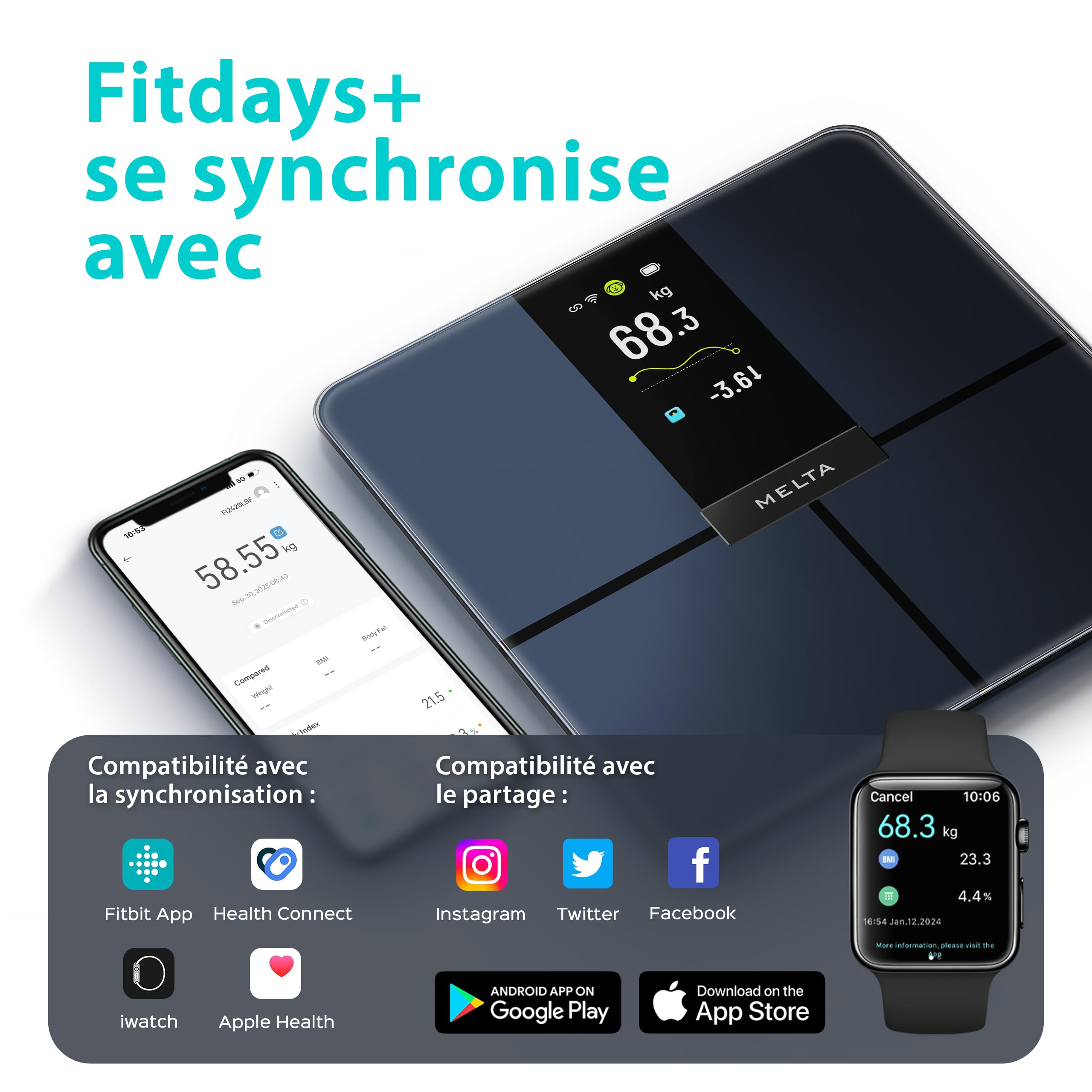 MELTA. Balance Intelligente- Pèse-Personne Connecté Impédancemètre Wi-Fi & Bluetooth 5.0 | Écran TFT Couleur 4,3" | 18 Indicateurs Corporels | App Fitdays+ | 180 kg | Verre Trempé ITO
