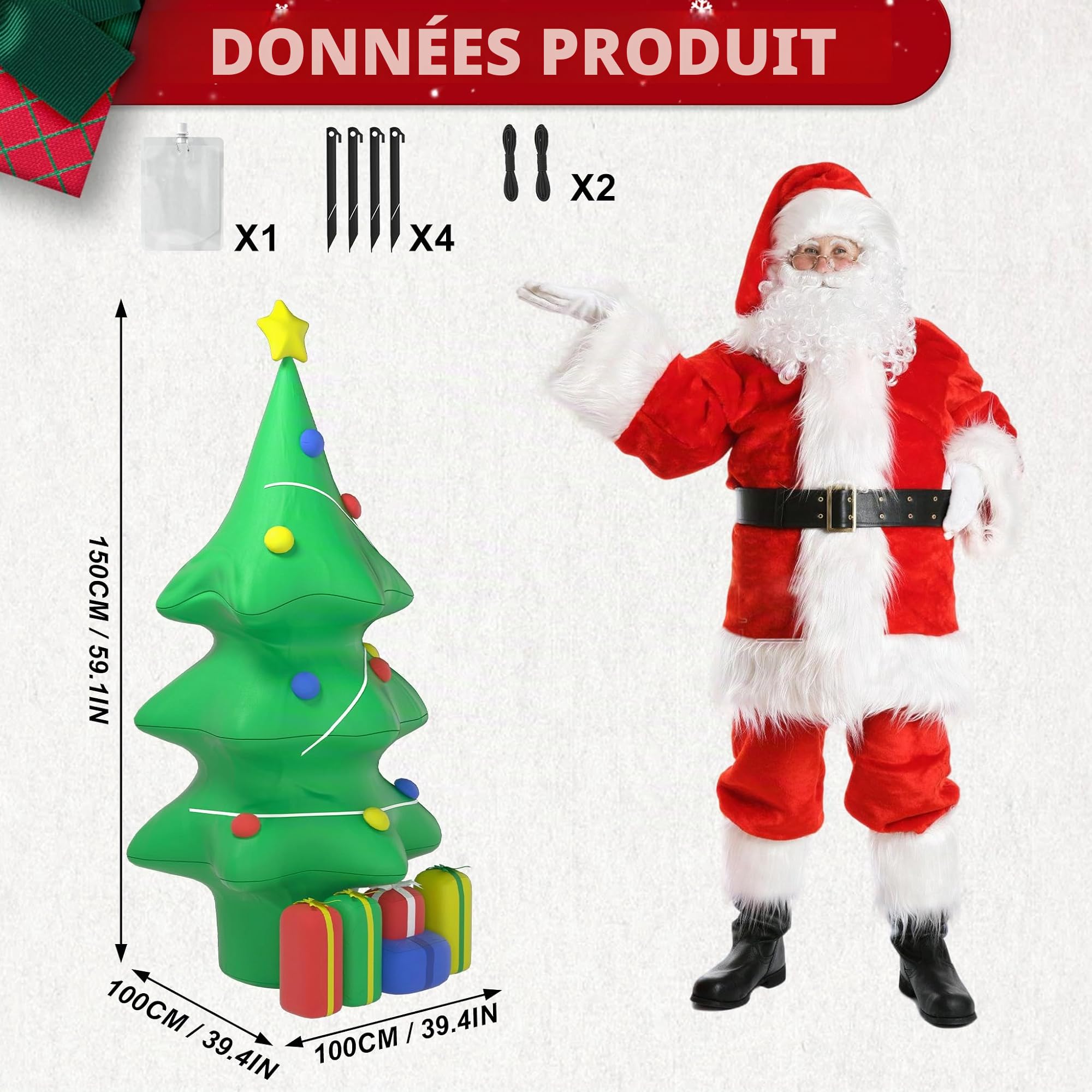 LZQ Décoration de Noël gonflable - 150 cm - LED blanche - Avec cadeau - Figurine de Noël gonflable pour l'extérieur et l'intérieur - Décoration de Noël pour jardin, terrasse, balcon