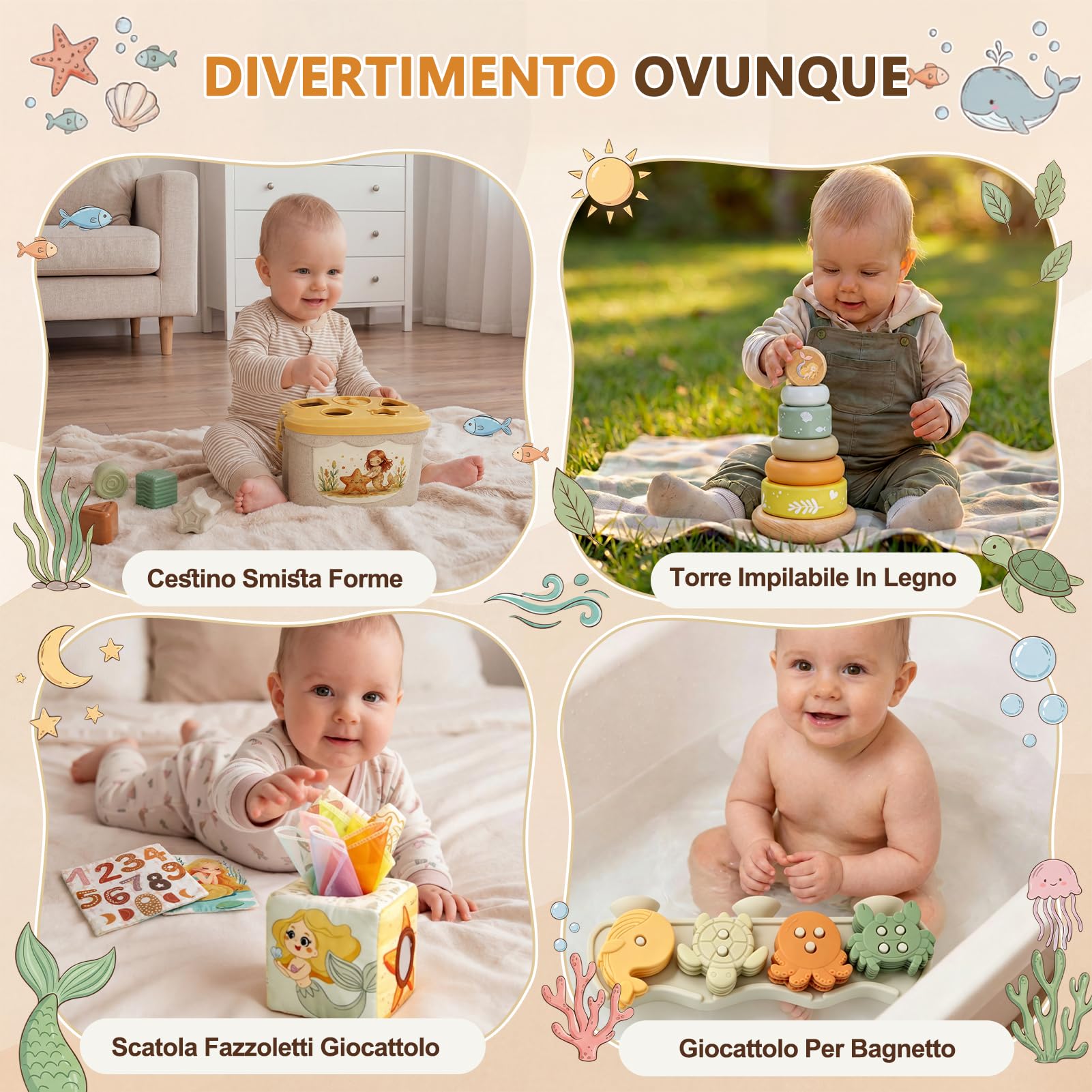 Anook Giochi Montessori 6 Mesi, 5 in 1 Giochi 6 8 10 Mesi Include Giochi Bambini Formine, Costruzioni Bambini 6 Mesi, Scatola di Fazzoletti, Giochi Sensoriali Neonato per Regalo Bimba Bimbo 6-24 Mesi