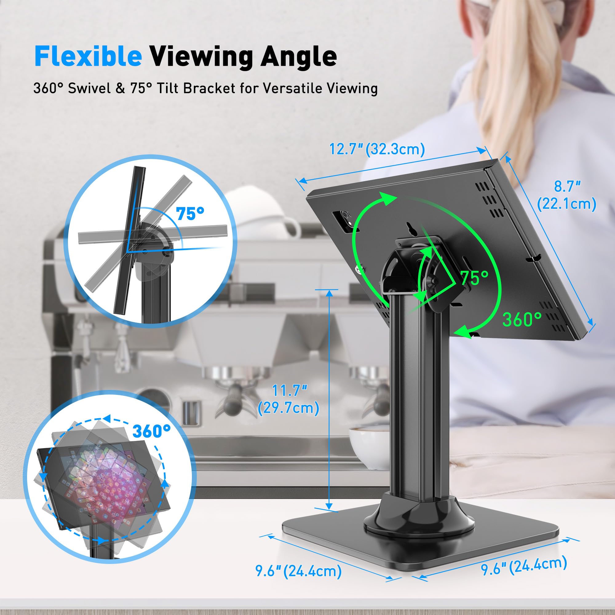 AboveTEK Anti-Diebstahl iPad Kiosk Stand, POS iPad Sicherheitsständer, Aluminium Tablet Halter mit Verriegelung, 360° Drehung & 75° Neigung, Tischmontage für Gewerbliche Nutzung (Schwarz)