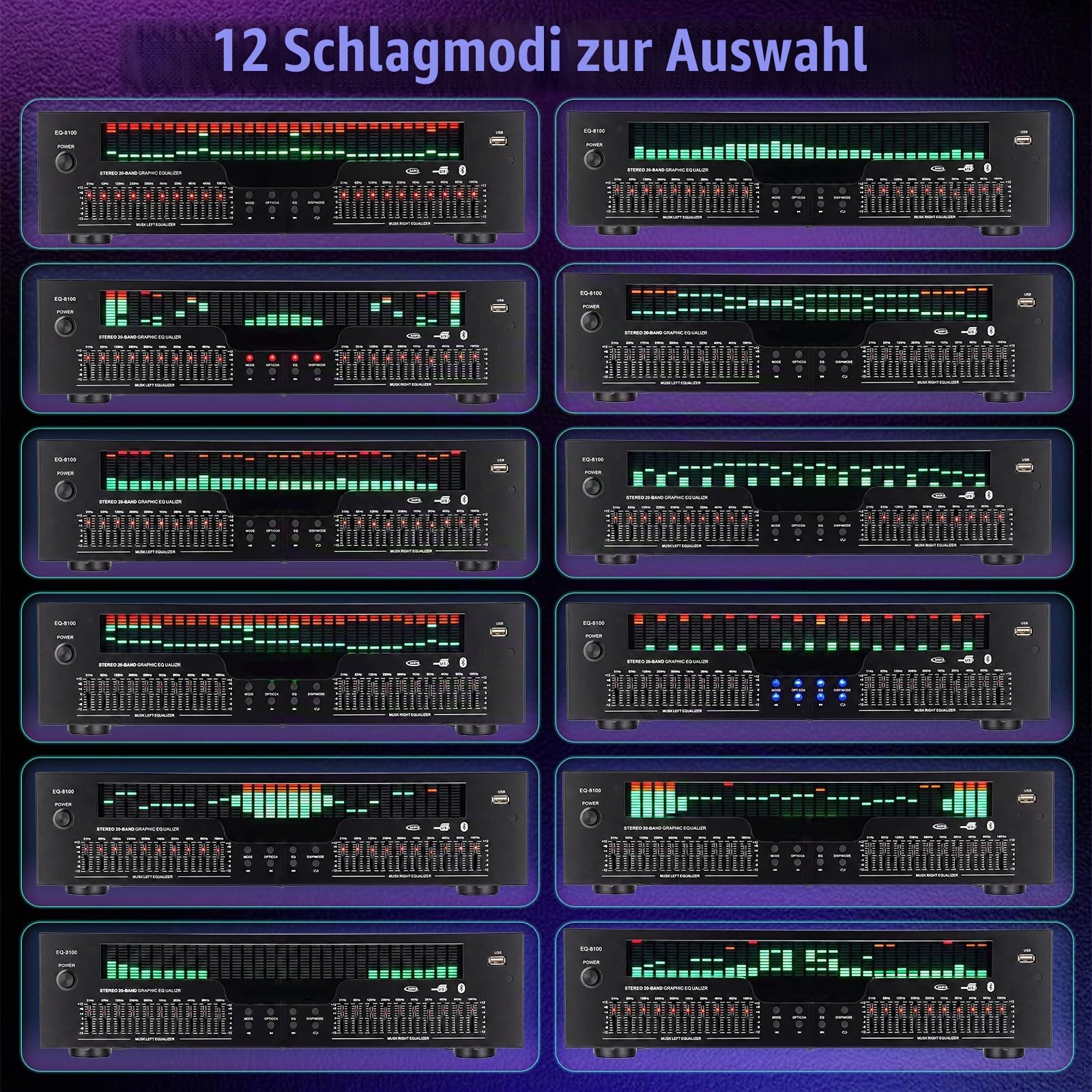 31 Band Equalizer Hifi Stereo, Digitaler Equalizer Mit LED Spektrumanzeige, Professioneller Grafik EQ Mit 31 Dynamischen Kanälen, Dual 10-Fach Unabhängige Klangregelung für Studio, DJ, Heimkino