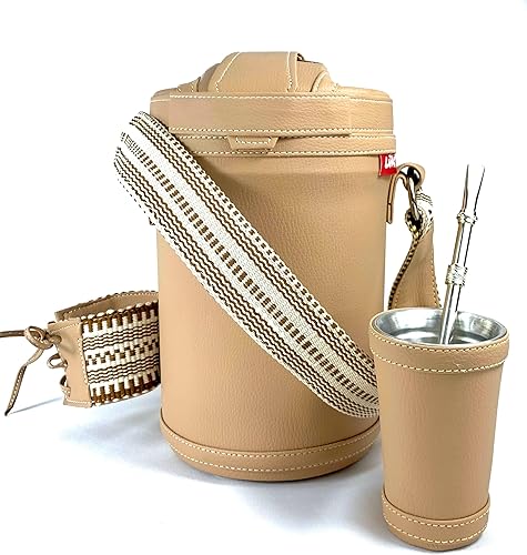 Kit Termo para Tereré Yerba Mate Luk termos Beige con faja Artesanal con Bombilla y vaso guampa