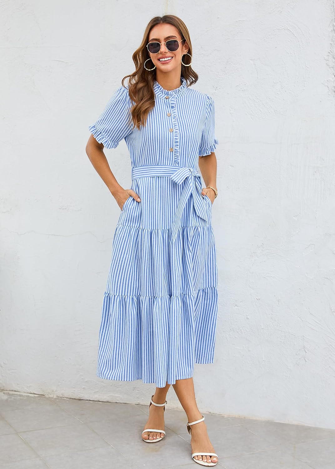 Womens Striped Summer Dress Elegant Ruffled Sleeve Button Down Tie Waist Maxi Shirt Dresses - Image 2