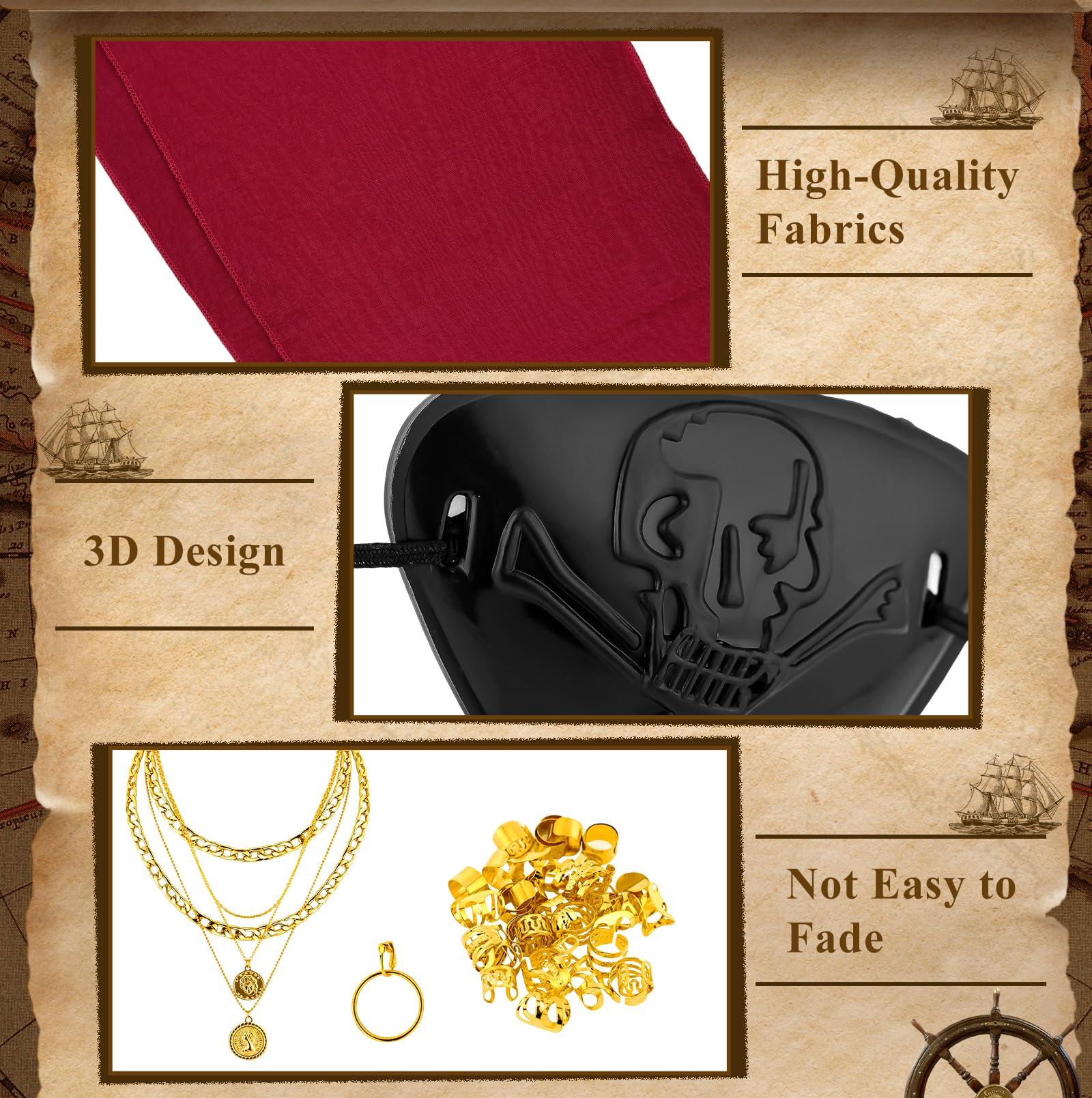 BAIEGOED 51 Pieces Pirate Costume Accessories Set for Adults Women Man Includes Headscarf, Eye Patch, Earrings, Necklace - Image 3