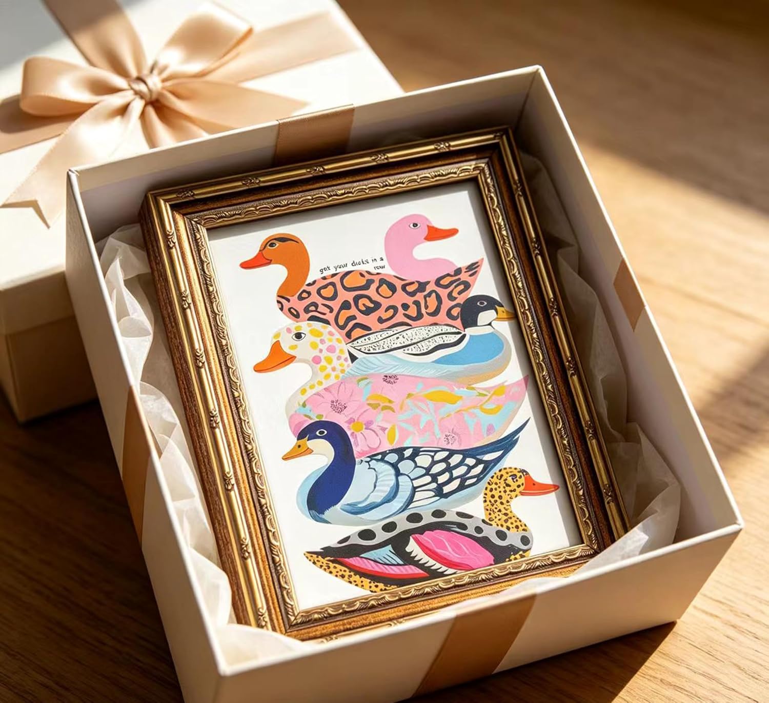 Vintage Gold Framed Colorful Ducks Wall Art, Whimsical Animal Painting Canvas Print, Kitsch Dopamine Wall Decor, Retro Funky Farmhouse Goose Animal Artwork for Nursery Living Room Bedroom Bathroom image 5